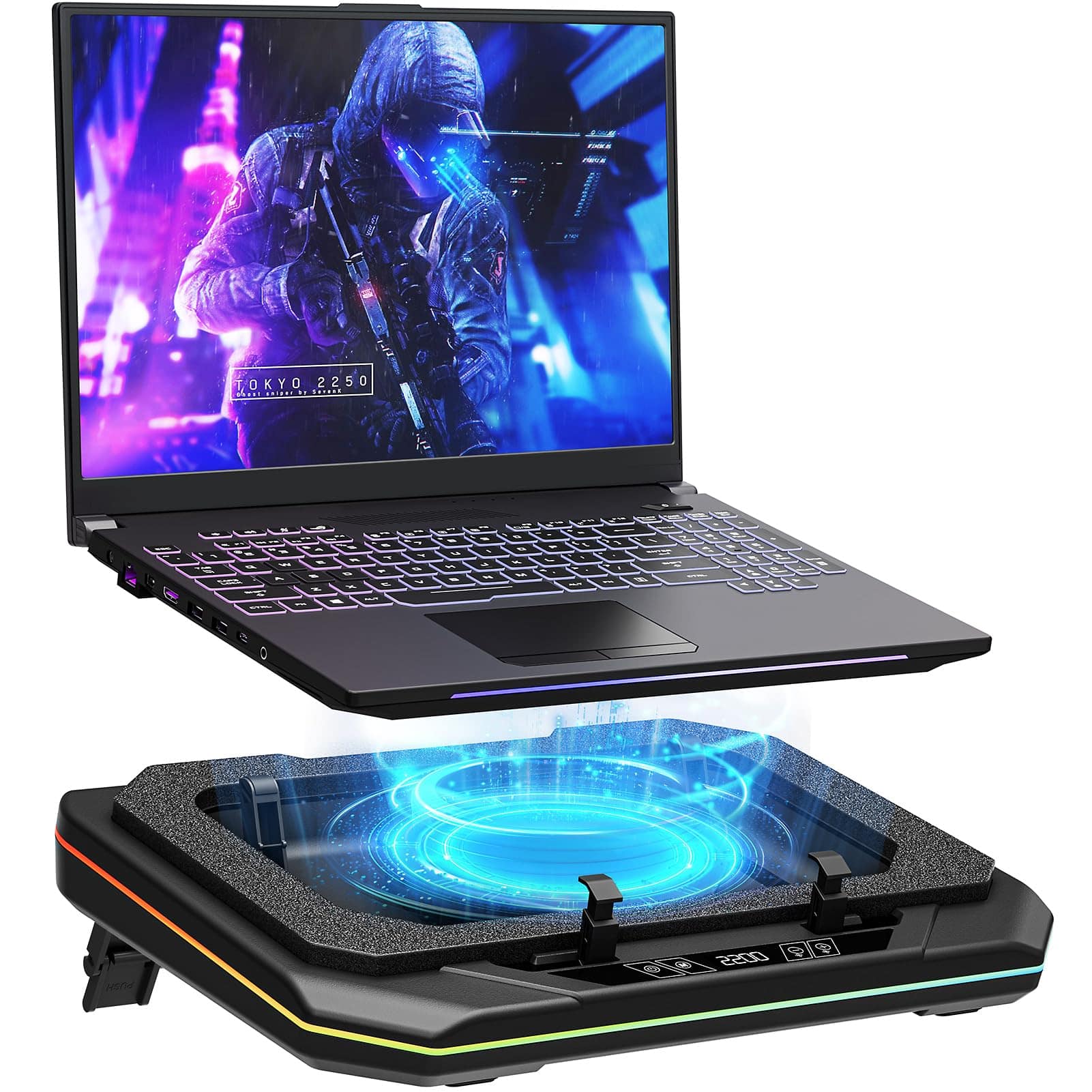 HongFei - Gaming Laptop Cooling Pad, Height Adjustable Laptop Fan Cooling Pad for Max 19 Inches Notebook, RGB Laptop Cooler Stand - Black
