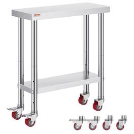 VEVOR - Stainless Steel Work Table 30 x 12 x 34 Inch, 700 LBS Load Capacity with 4 Wheels, 3 Adjustable Height Levels - Silver
