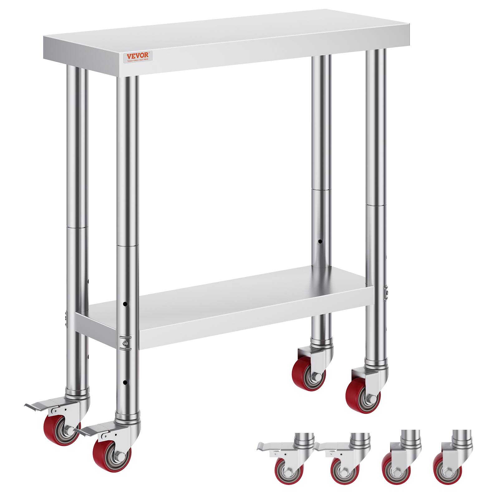 Front. VEVOR - Stainless Steel Work Table 30 x 12 x 34 Inch, 700 LBS Load Capacity with 4 Wheels, 3 Adjustable Height Levels - Sliver.