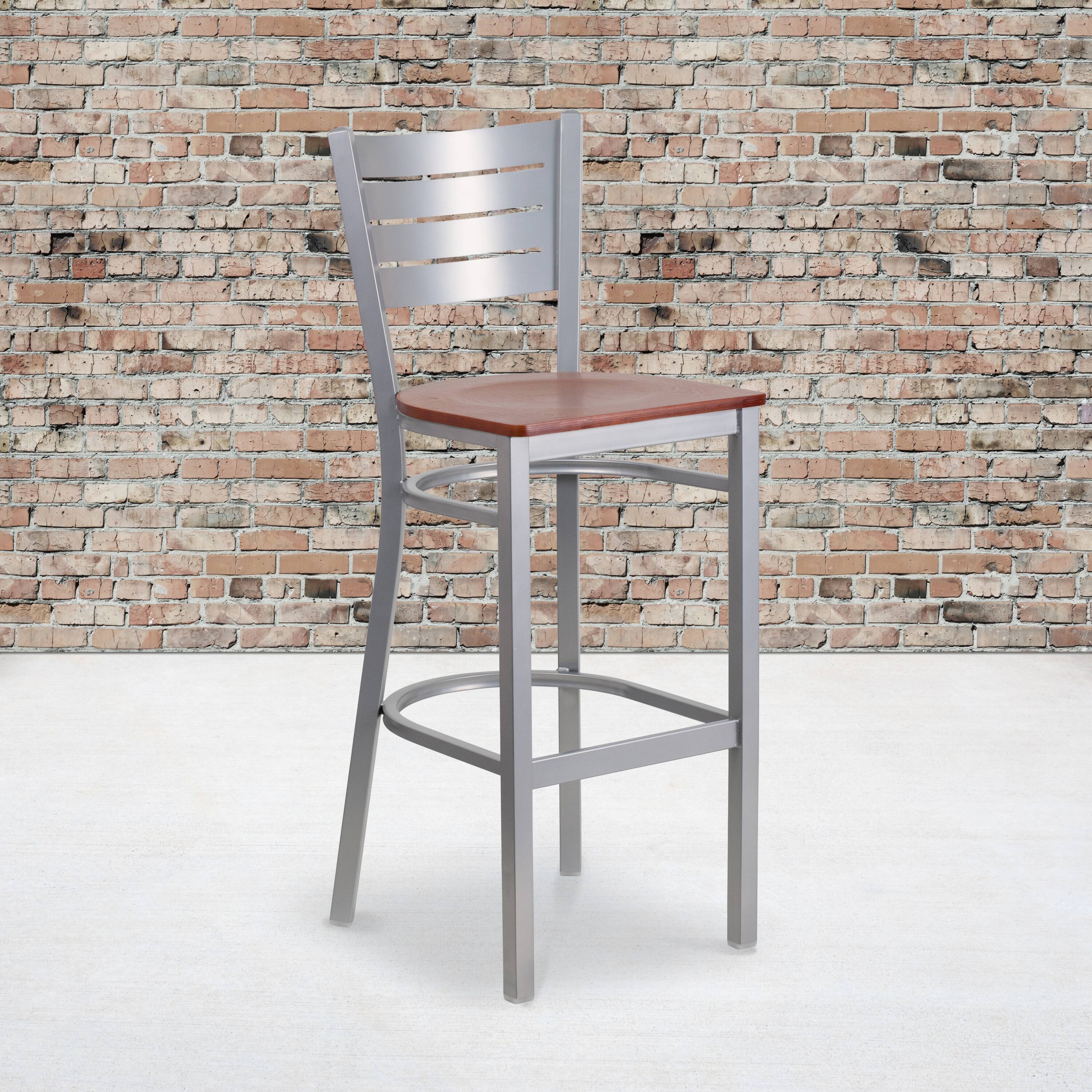 Alt View 2. Emma + Oliver - 2 Pack Silver Slat Back Metal Restaurant Barstool - Cherry Wood Seat/Silver Frame.