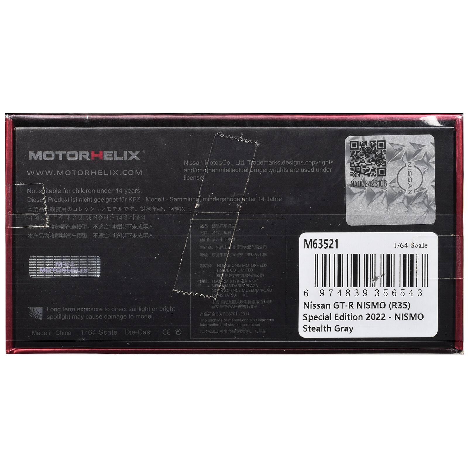 MOTORHELIX Nissan Motor Co., Ltd. Trademarks, designs, copyrights and/or other intellectual property rights are used under WWW.MOTORHELIX.COM license. Not suitable for children under 14 years. Dieses Produkt ist nicht geeignet für KFZ-Modell-Sammlung und minderjährige Nützer 14 Jahre.  
423106 NISSAN 1/64 Scale  
CO. LIMITED  
Long term exposure to direct sunlight or bright spotlight may cause damage to model. Made in China 1/64 Scale Die-Cast  
NOTAISCIENCE MUSEUM ROAD MSHATSUI KL 26701 2011 The package or contains important information and should be retained.  
6 974839 356543 Nissan GT-R NISMO (R35) Special Edition 2022 - NISMO Stealth Gray