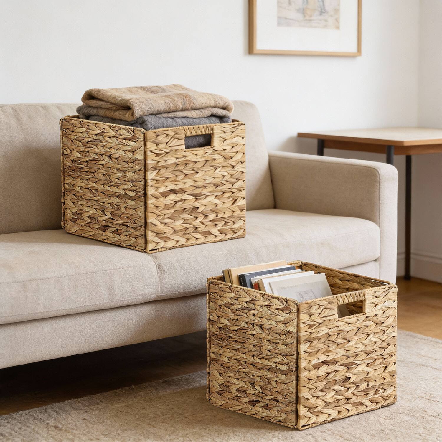 Left. Garnen - 2x Wicker Storage Basket with Handle, Wicker Basket for Storage Cube Basket, 12x12 Storage Cube Bins Laundry Organizer - Brown.