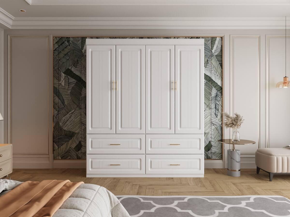 Left. FUFU & GAGA - Modern 63" 4-Door Wardrobe Armoire with Hanging Rail and 4 Drawers – White & Gold - White.