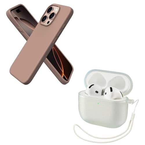 Ornarto - Bundle for iPhone 16 Pro Case 6.3" in Light Brown and for AirPods 4 Case 2024 in Crystal Sparkle - Light Brown + Crystal Sparkle