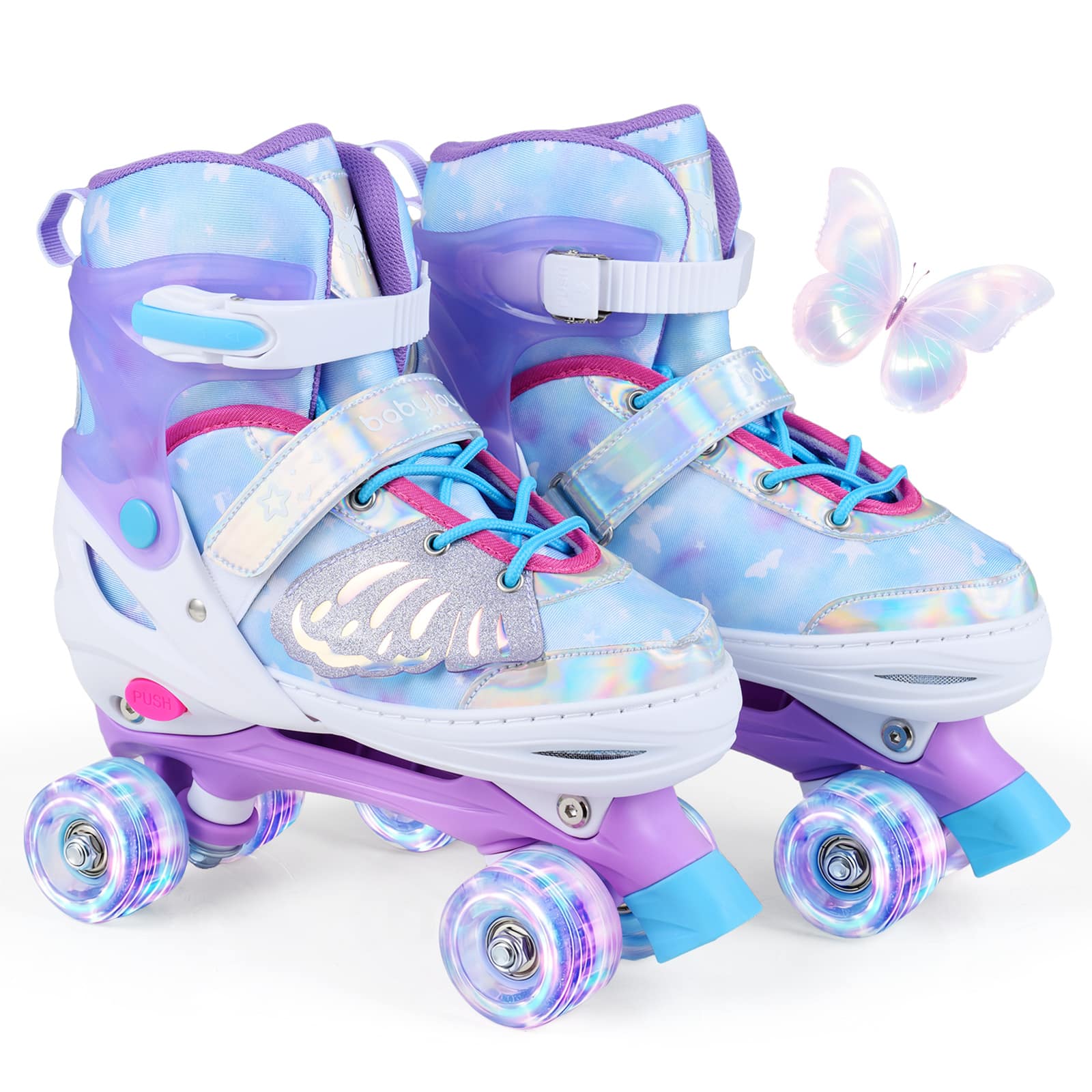 Costway - Kids Roller Skates 4 Sizes Adjustable Quad Skates with Light Wheels for Ages 9-14 - Blue