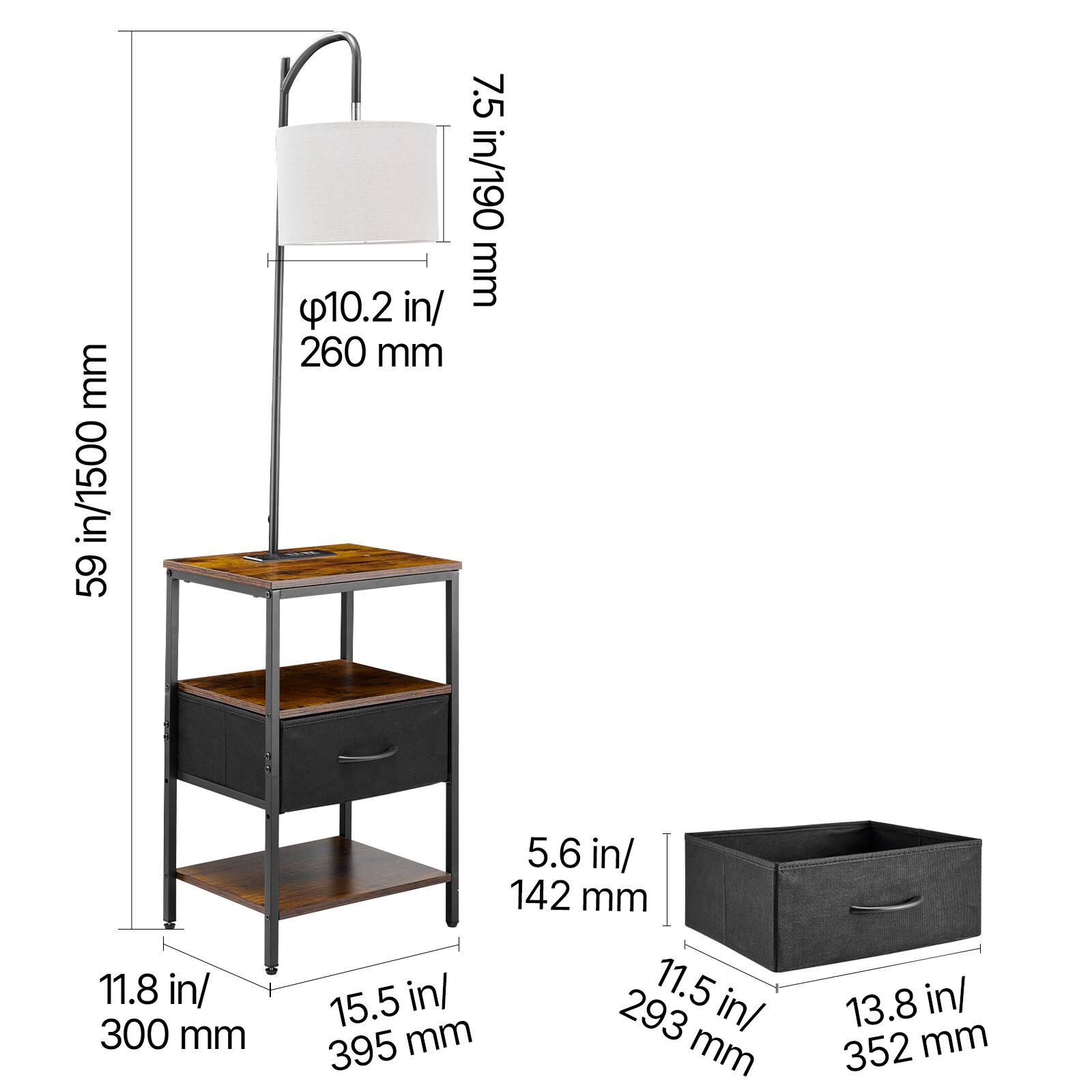 - 59 in/1500 mm
- 7.5 in/190 mm
- 10.2 in/260 mm
- 11.8 in/300 mm
- 5.6 in/142 mm
- 15.5 in/395 mm
- 11.5 in/293 mm
- 13.8 in/352 mm
