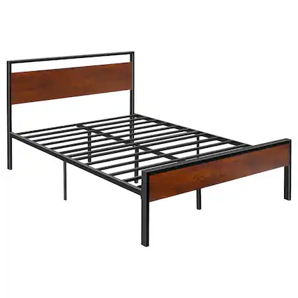 Front. VEVOR - Full Size Bed Frame, 14 Inch Black Metal Platform Bed Frame with Retro Brown Wooden Headboard and Footboard - Brown.