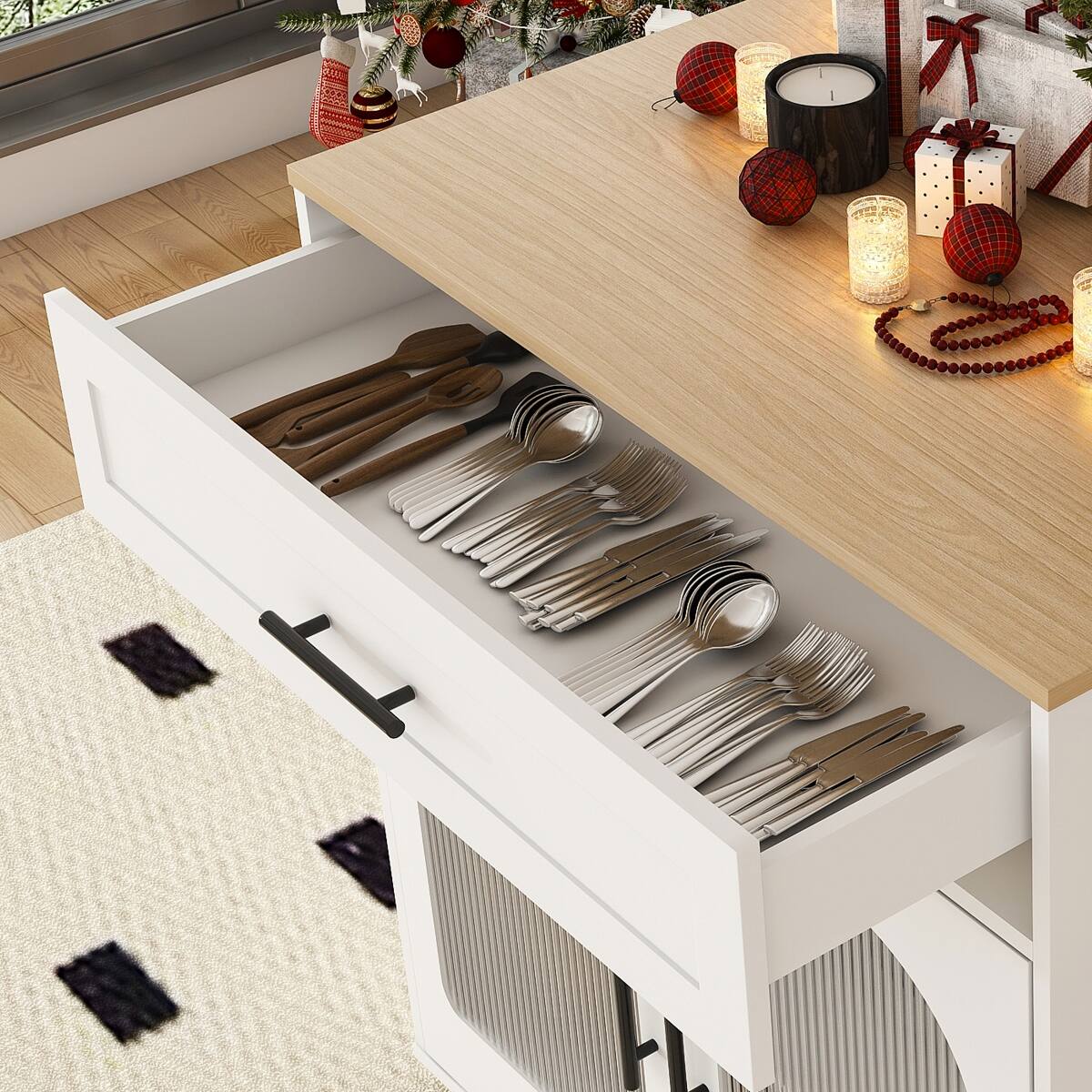 Alt View 10. Loheer - Loheer Expandable Kitchen Island With Dining Table, White Mobile Storage Cart - White.