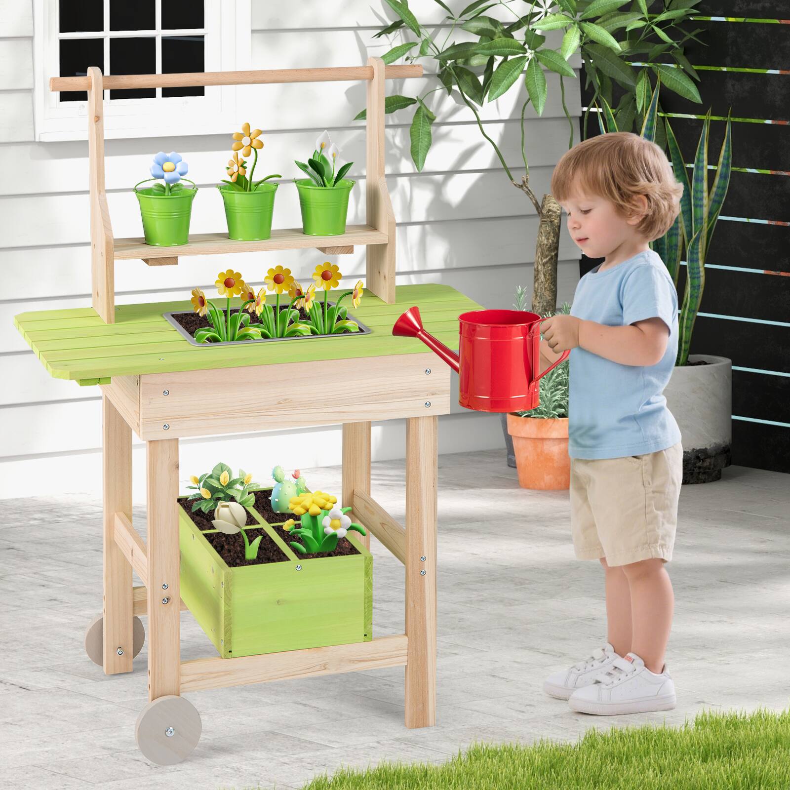 Alt View 3. Costway - Costway Kids Mud Kitchen with Removable Pots Watering Can Planting Trough Shelf Storage Box - Natural & Green.