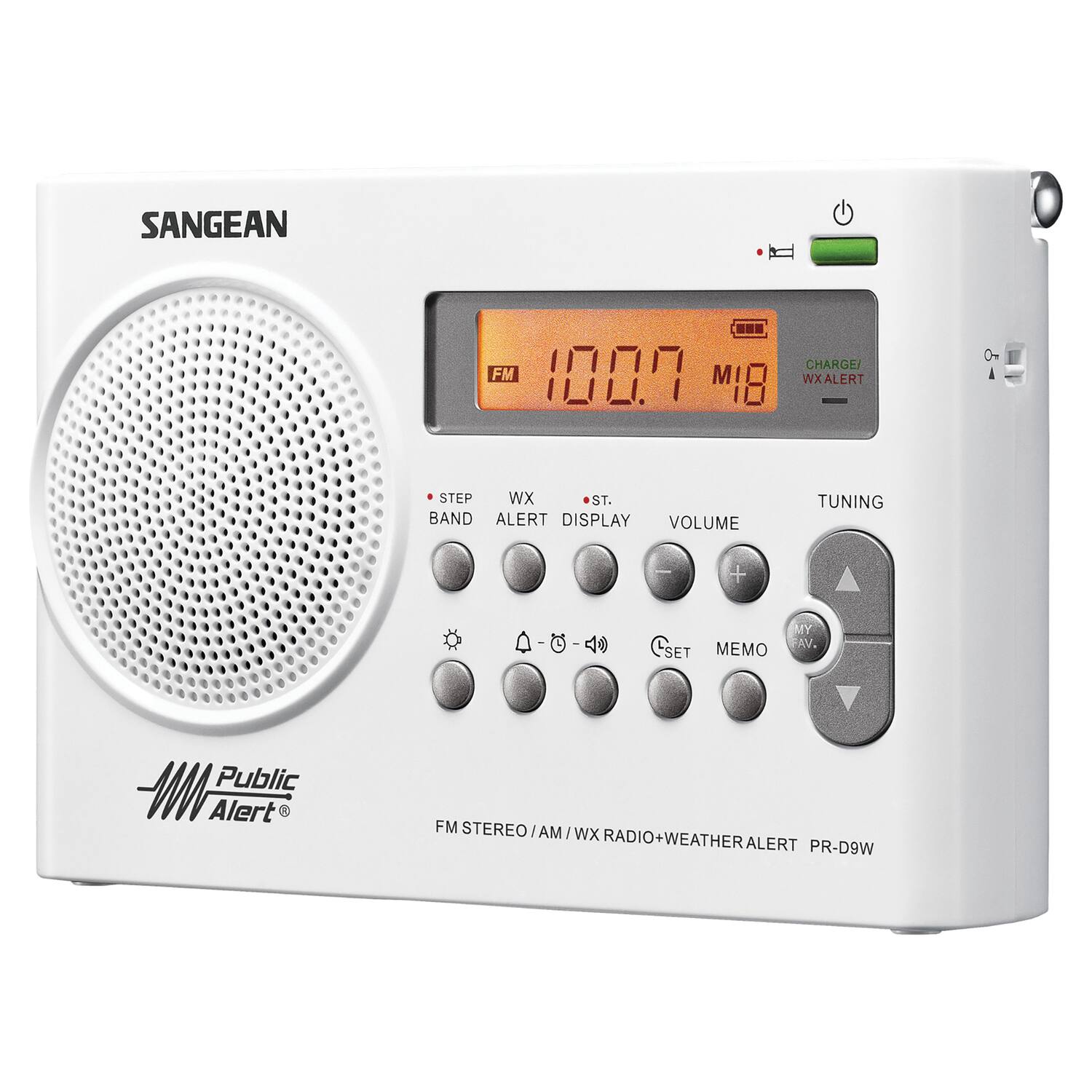 SANGEAN FM 100.9 MI 18 CHARGE/ WX ALERT  
9 STEP WX ST. BAND ALERT DISPLAY VOLUME TUNING + 0-0-40 I I 40 CSET SET MEMO MY FAV.  
Public Alert FM STEREO / AM I WX RADIO+WEATHERALERT RADIO WEATHER ALERT PR-D9W