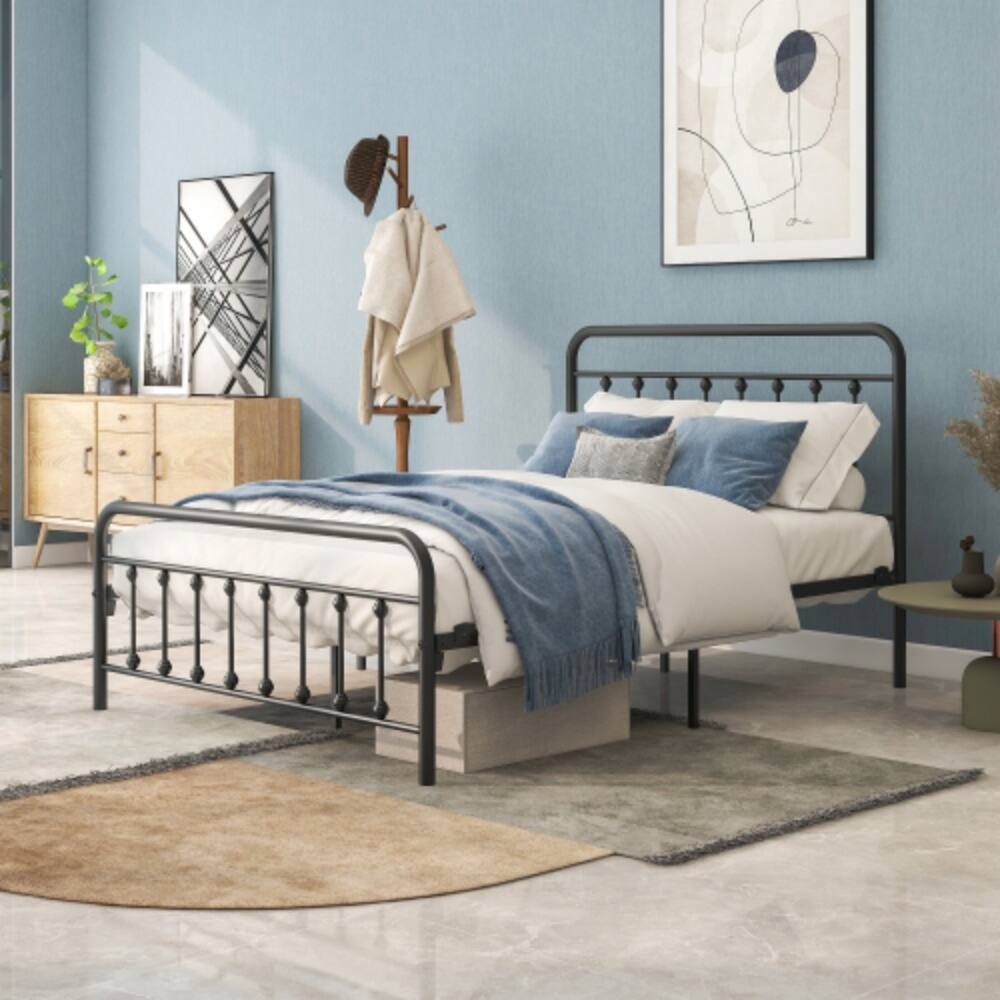 Angle. LUCKY ONE - Full Size Metal Platform Bed Frame with Victorian Headboard and Footboard, Steel Slats, No Box Spring Needed - Black.