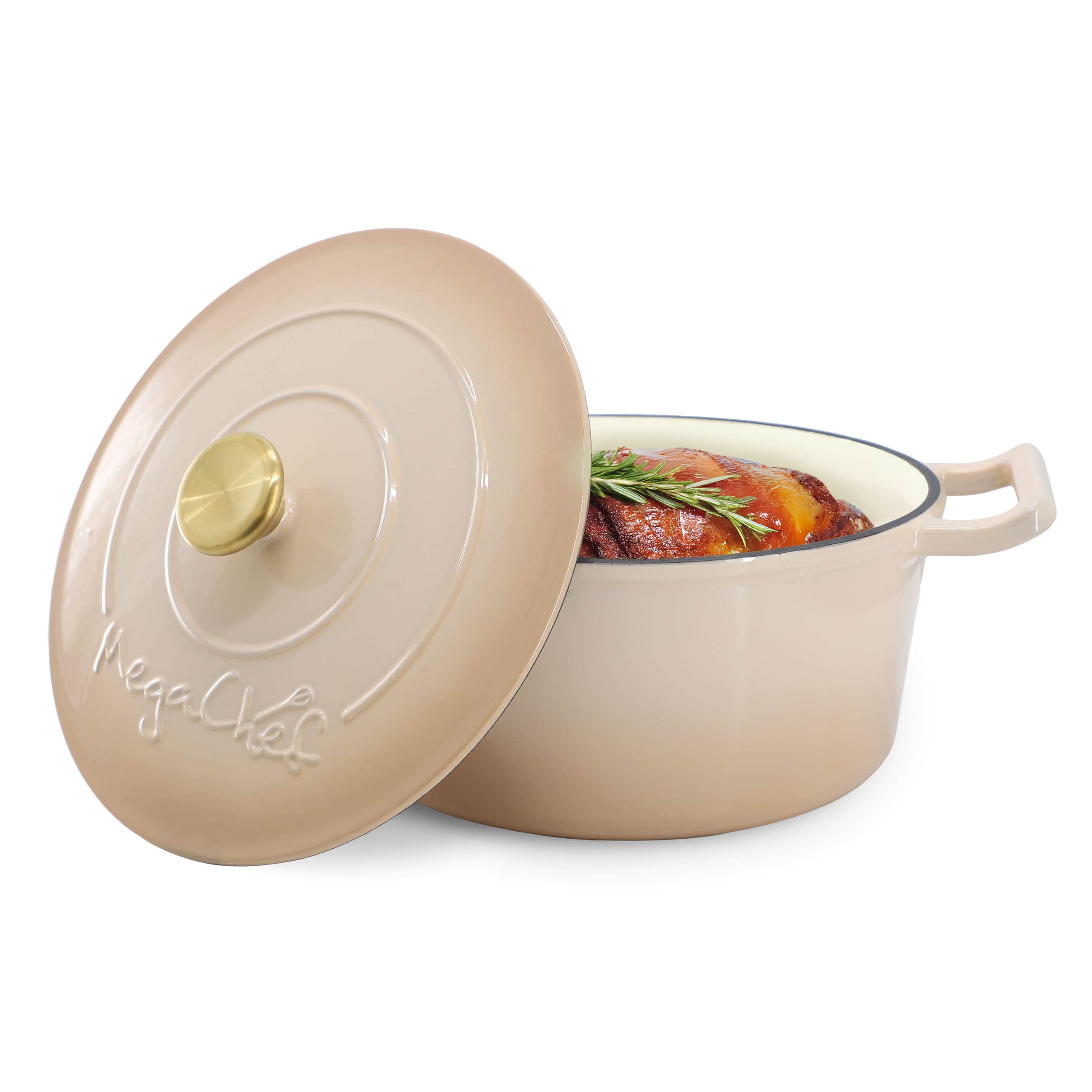 MegaChef - 5.3 Quarts Round Enameled Cast Iron Casserole with Self Basting Lid - Peanut Butter