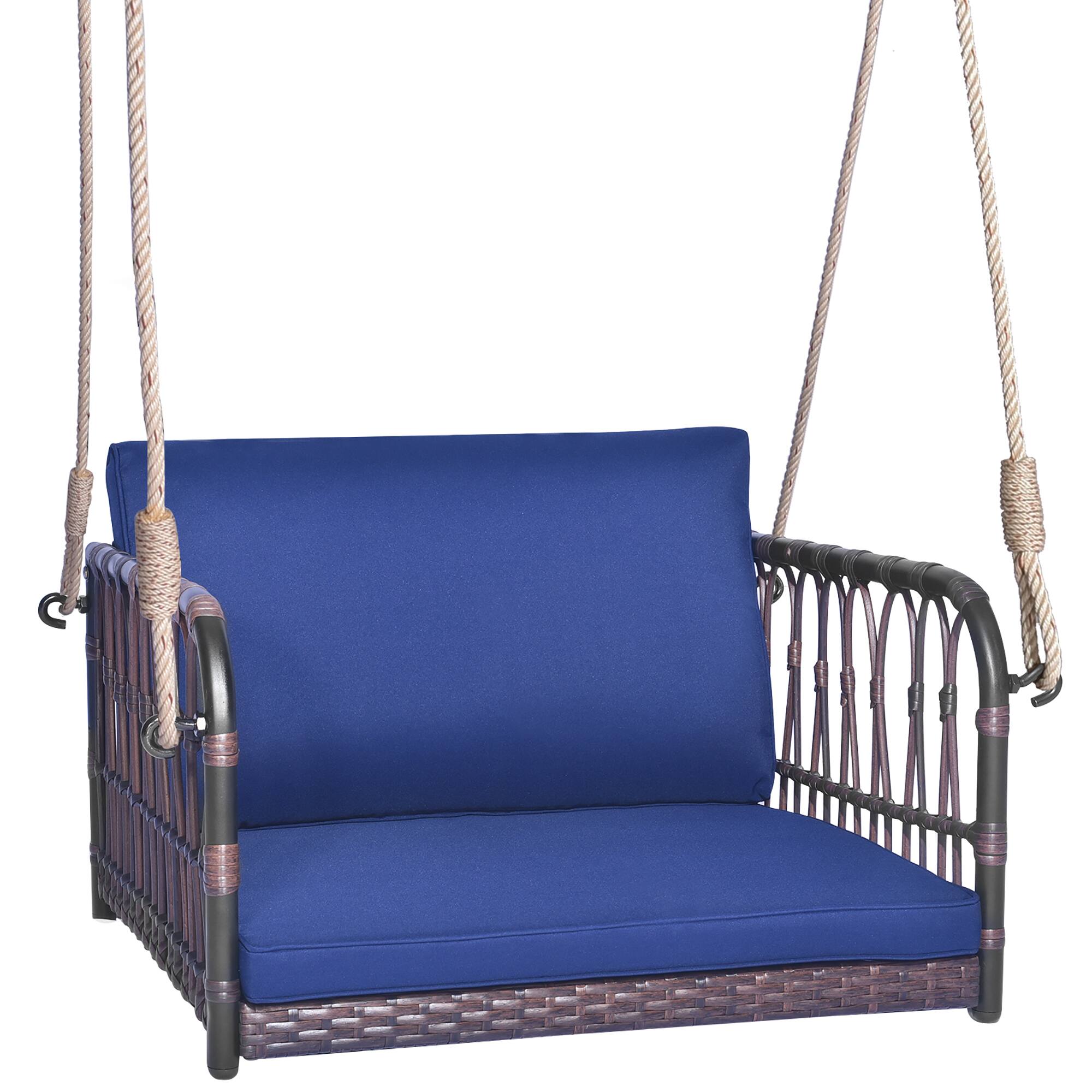 Alt View 1. Gymax - Gymax Patio Rattan Porch Swing Single Person Hanging Seat w/ Seat & Back Cushions Backyard - Mix Brown, Navy.