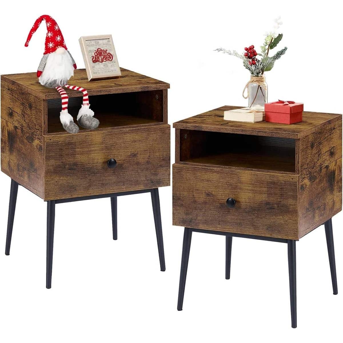 Hivvago - Set of 2 - Mid Century Modern Side Table Nightstand in Brown Black Wood Finish - Brown, Black