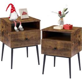 Hivvago - Set of 2 - Mid Century Modern Side Table Nightstand in Brown Black Wood Finish - Brown, Black