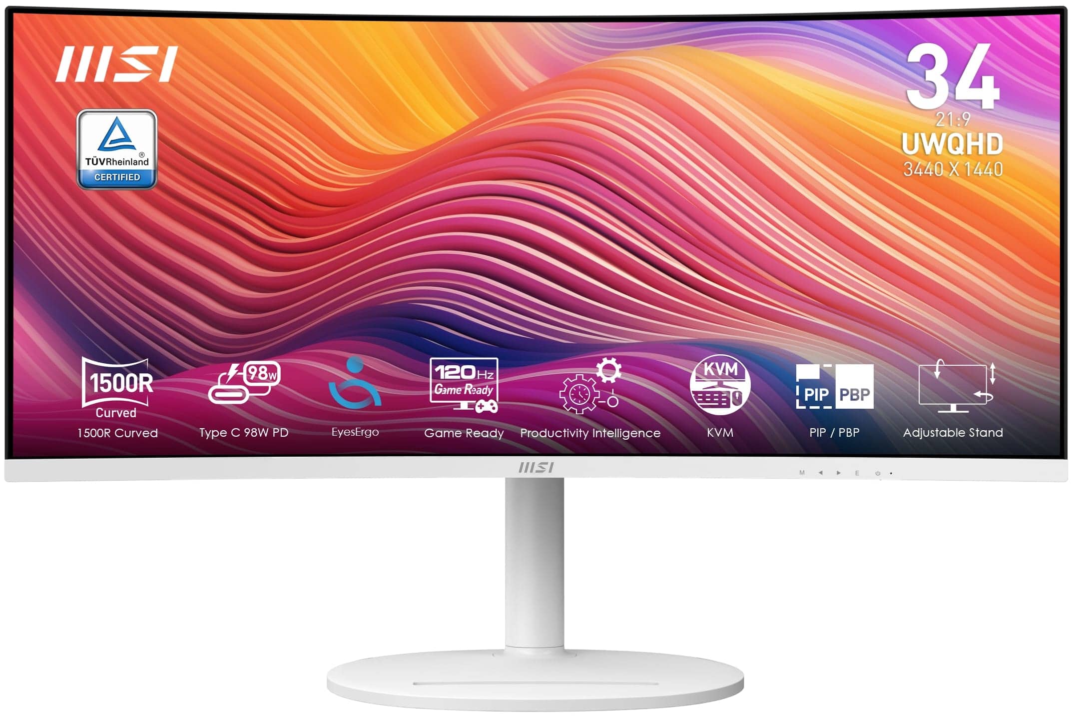The text on the image reads: "IIS 34 21:9 UWQHD 3440 X 1440 1500R Curved 1500R Curved 98w Type C 98W PD EyesErgo 120Hz Game Ready 0 Game Ready Productivity Intelligence KVM KVM PIP PBP PIP / PBP Adjustable Stand HII."