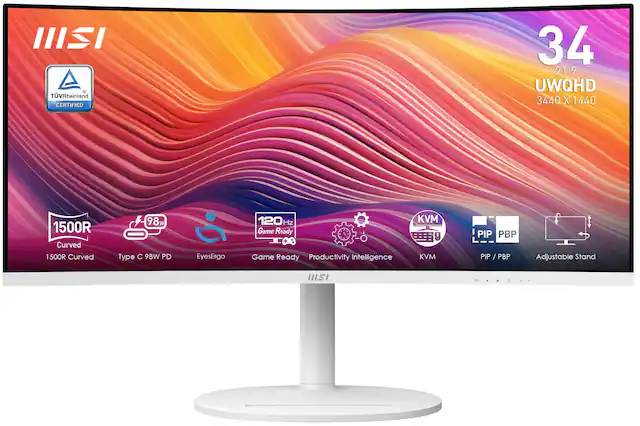 The text on the image reads: "IIS 34 21:9 UWQHD 3440 X 1440 1500R Curved 1500R Curved 98w Type C 98W PD EyesErgo 120Hz Game Ready 0 Game Ready Productivity Intelligence KVM KVM PIP PBP PIP / PBP Adjustable Stand HII."