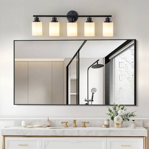 LUCKY ONE - 31in Wall Mount Vanity Light, 5-Light Iron Sconce with Frosted White Glass Shades - Black