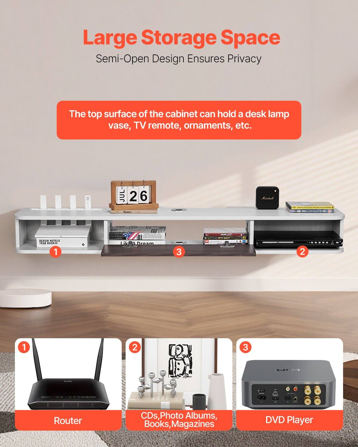 Large Storage Space  
Semi-Open Design Ensures Privacy  

The top surface of the cabinet can hold a desk lamp, vase, TV remote, ornaments, etc.  

1. Router  
2. CDs, Photo Albums, Books, Magazines  
3. DVD Player