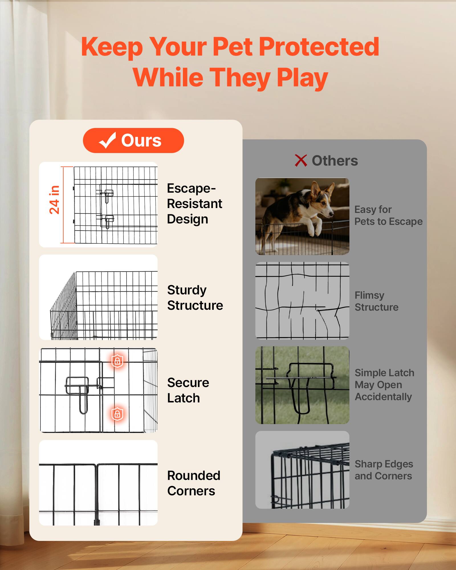 Keep Your Pet Protected While They Play

Ours:
- 24 in Escape-Resistant Design
- Sturdy Structure
- Secure Latch
- Rounded Corners

Others:
- Easy for Pets to Escape
- Flimsy Structure
- Simple Latch May Open Accidentally
- Sharp Edges and Corners
