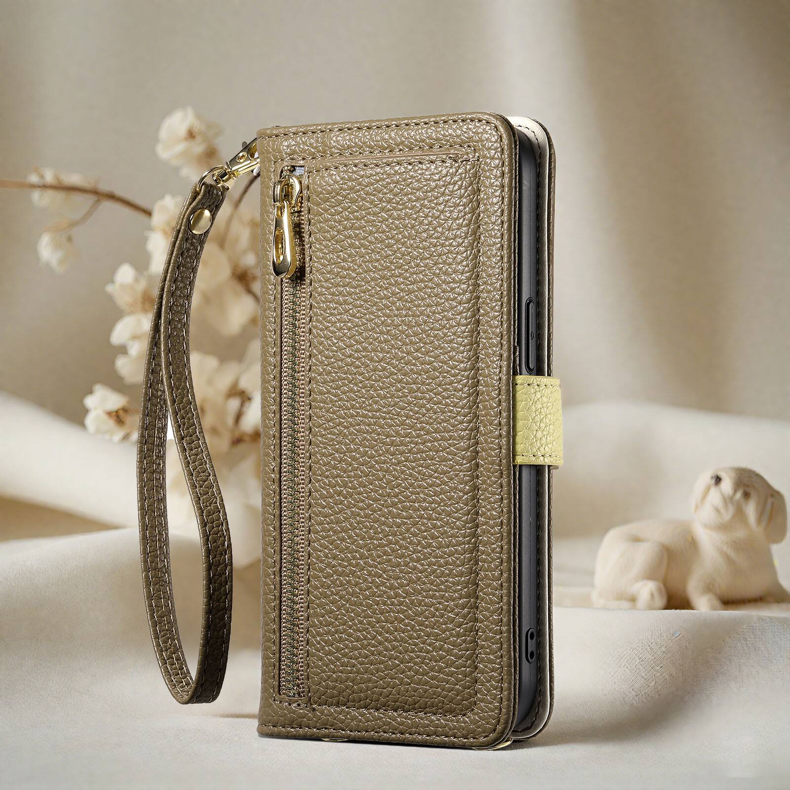 Angle. Dteck - Wallet Case for Samsung Galaxy S26+ with Crossbody Strap and Wristlet, PU Leather Zipper Purse Kickstand Cover - Brown.