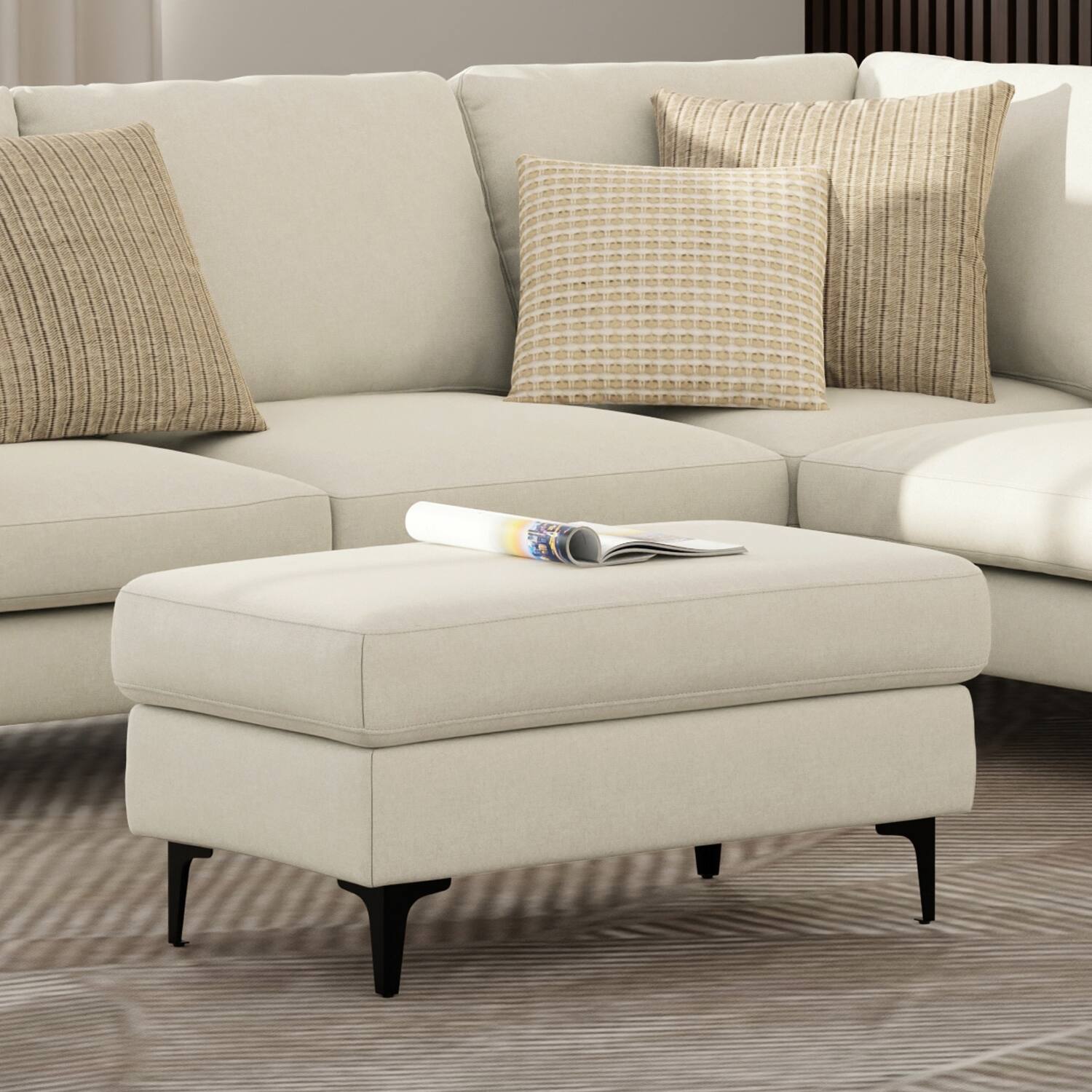 Angle. Simpli Home - Ava Ottoman in Tightly Woven Performance Fabric - Cream.