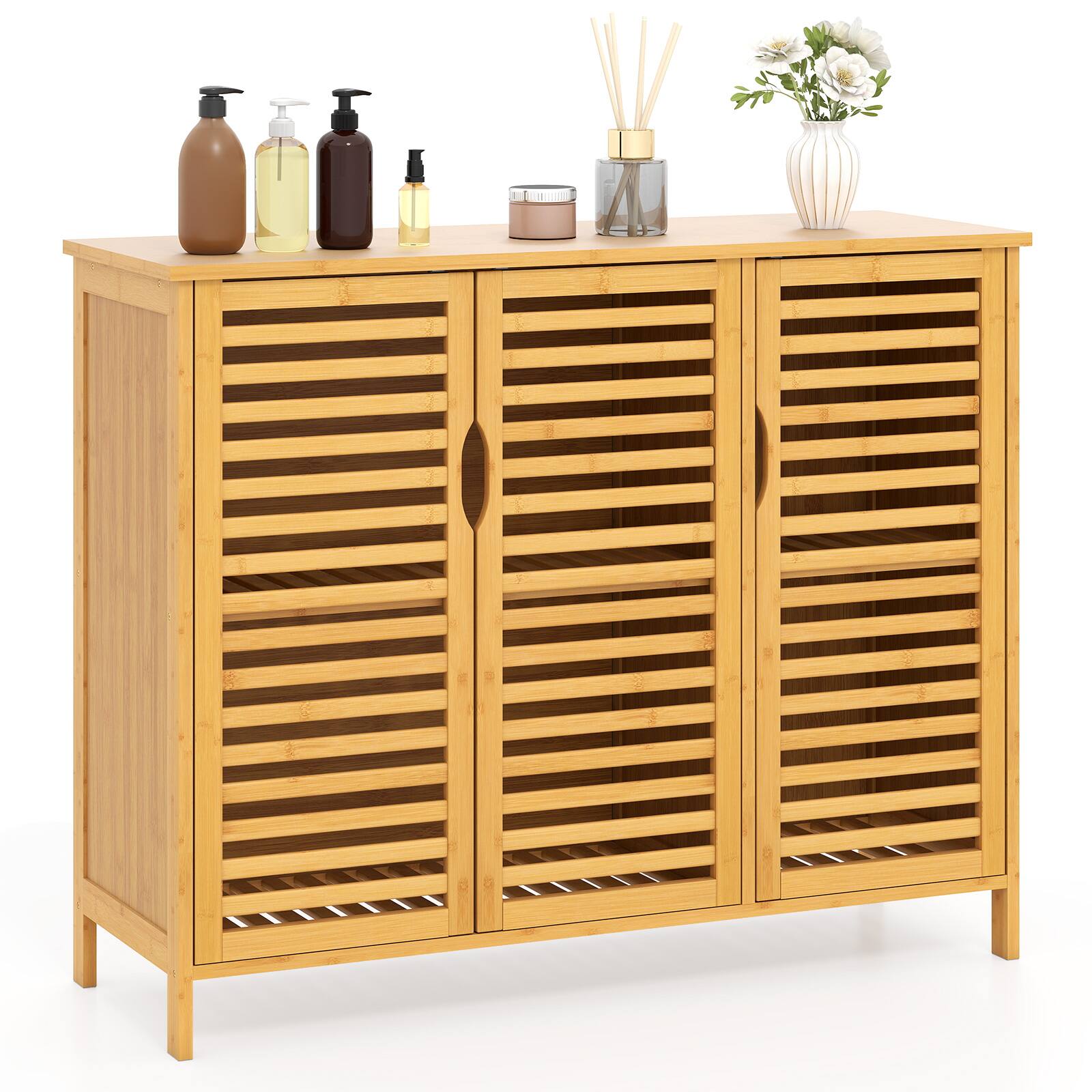 Front. Gymax - Gymax Bamboo Bathroom Cabinet 3-Door Storage Organizer w/ Shelves Natural - Natural.