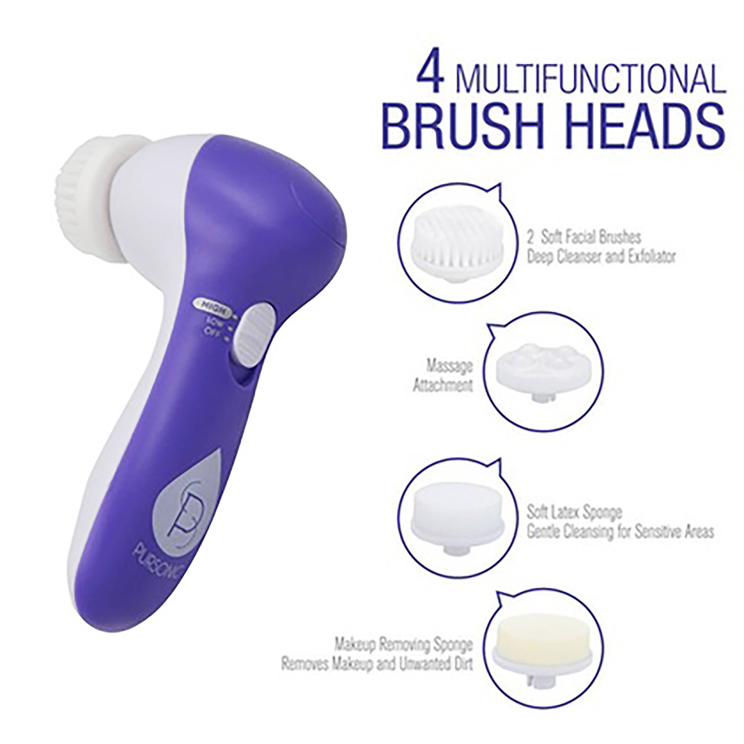 4 MULTIFUNCTIONAL BRUSH HEADS

2 Soft Facial Brushes Deep Cleanser and Exfoliator
Massage Attachment
Soft Latex Sponge Gentle Cleansing for Sensitive Areas
Makeup Removing Sponge Removes Makeup and Unwanted Dirt