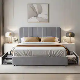 Vecelo - Queen Size Storage Bed Frame with 4 Drawers - Velvet Upholstered, Adjustable Headboard, 800lb Capacity, Noise Free - Dark Gray