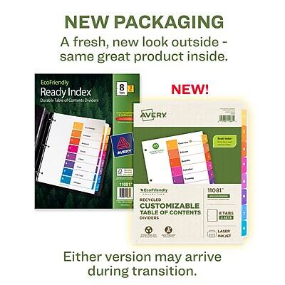 NEW PACKAGING  
A fresh, new look outside - same great product inside.

NEW!  
EcoFriendly Ready Index  
Durable Table of Contents Dividers  
8 Tabs

AVERY  
11081  
EcoFriendly  
RECYCLED  
CUSTOMIZABLE TABLE OF CONTENTS DIVIDERS  
TABS SETS  
LASER INKJET

Either version may arrive during transition.