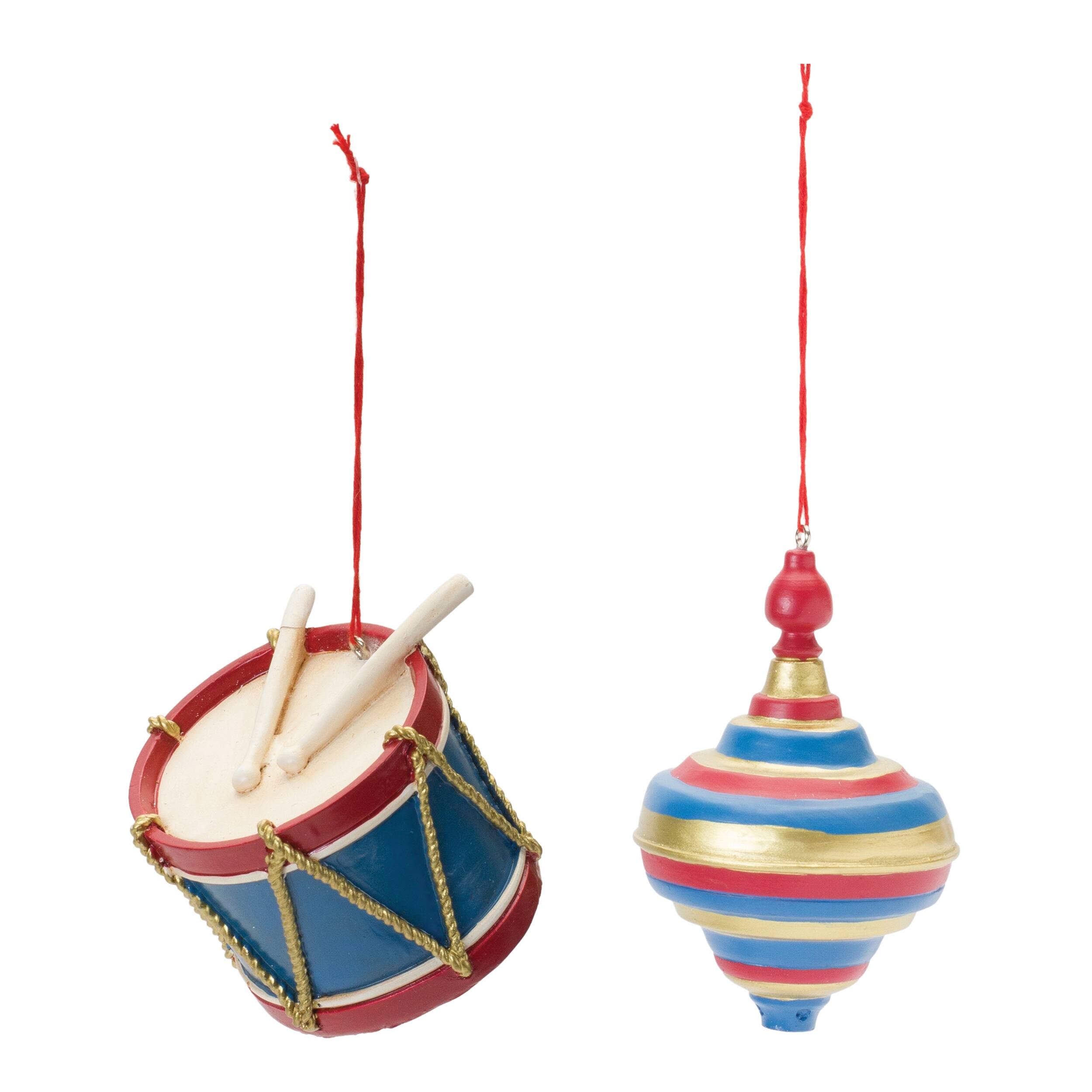 Angle. BreeBe - Toy Drum and Top Spinner Ornament (Set of 12) - Red, Blue, Gold.