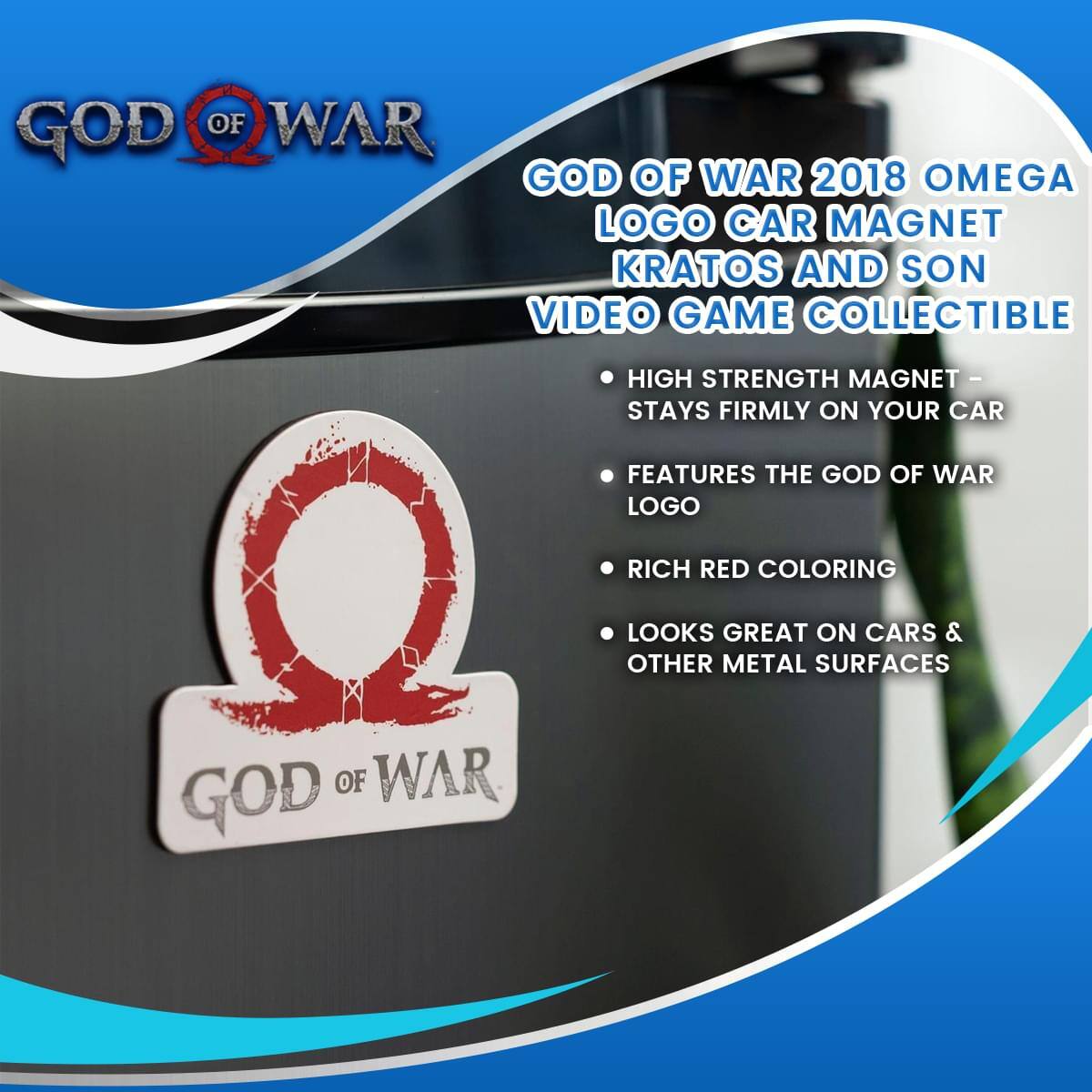 GOD OF WAR GOD OF WAR 2018 OMEGA LOGO CAR MAGNET KRATOS AND SON VIDEO GAME COLLECTIBLE HIGH STRENGTH MAGNET - STAYS FIRMLY ON YOUR CAR FEATURES THE GOD OF WAR LOGO RICH RED COLORING LOOKS GREAT ON CARS & OTHER METAL SURFACES GOD OF WAR