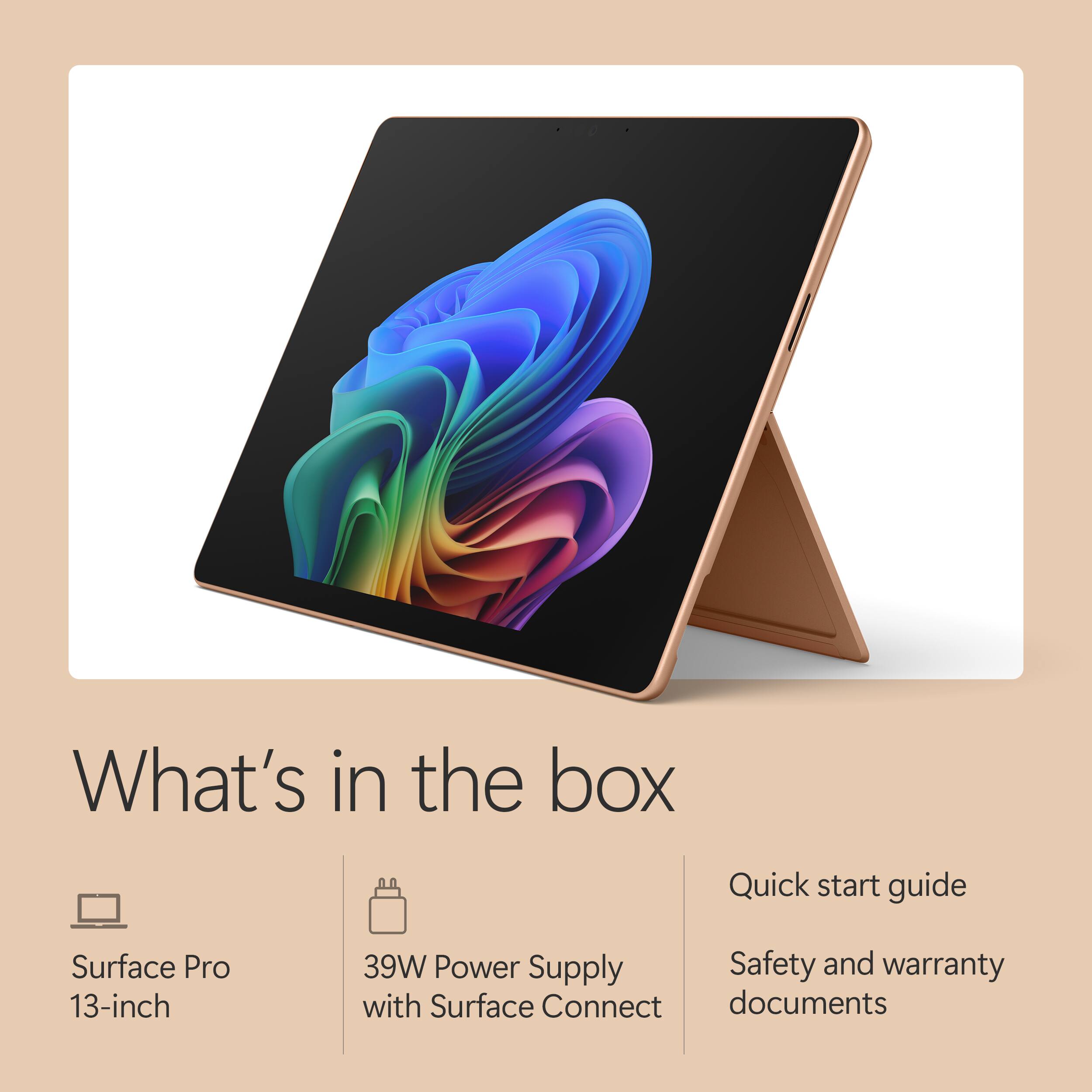 What's in the box

- Surface Pro 13-inch
- 39W Power Supply with Surface Connect
- Quick start guide
- Safety and warranty documents