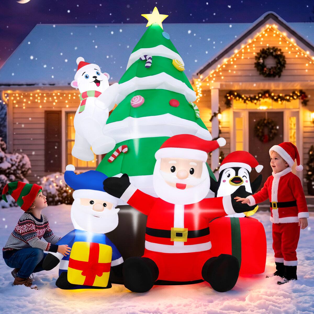 Front. Wisairt - 7FT Christmas Inflatable Santa Claus and Christmas Tree Gift Outdoor Yard Decoration with Built-in LED lihgts - Green|White|Red.