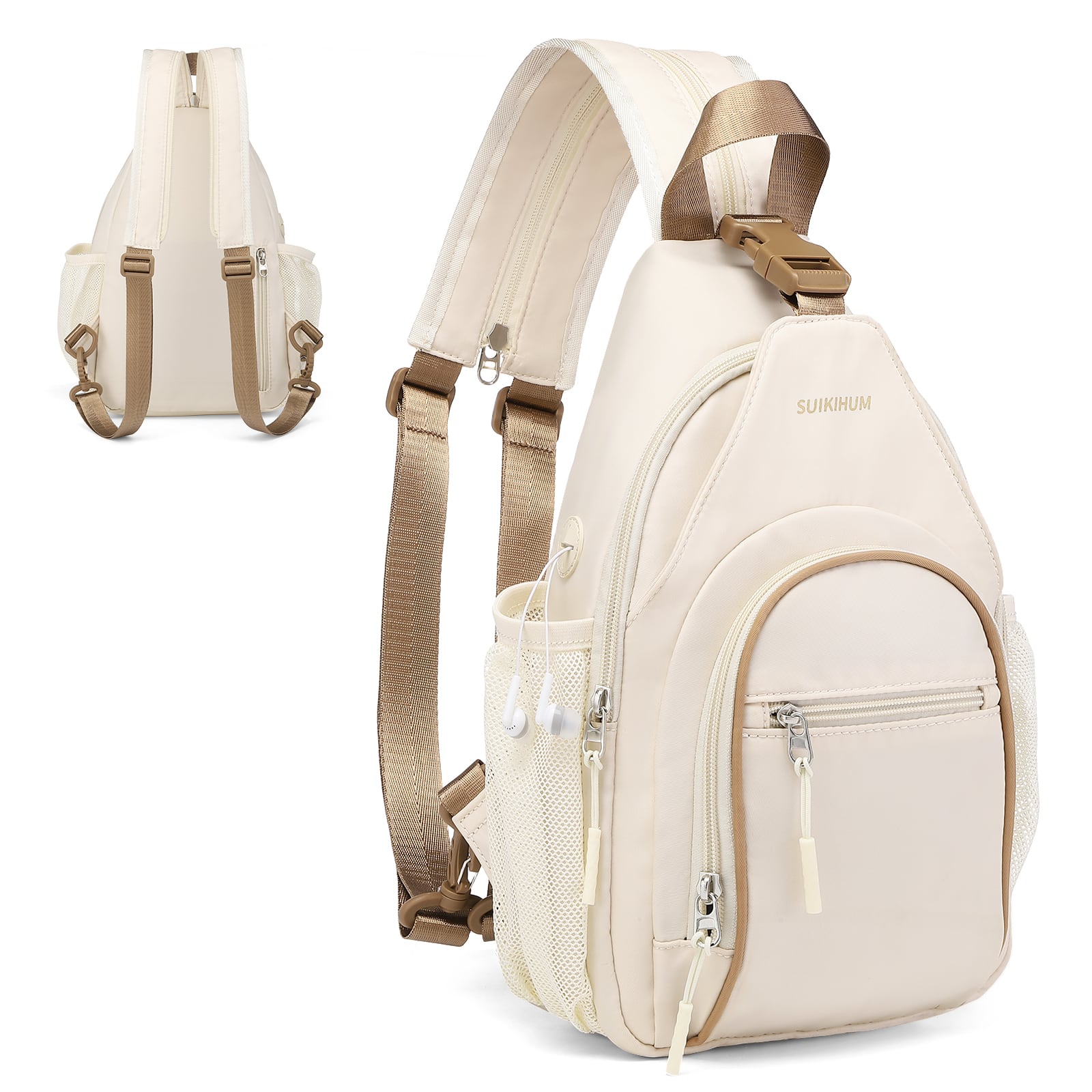 Unique Bargains - Crossbody Sling Bag with Water Bottle Holder 8.3" Convertible Small Backpack Anti Theft Daypack Chest Fanny Pack - Beige