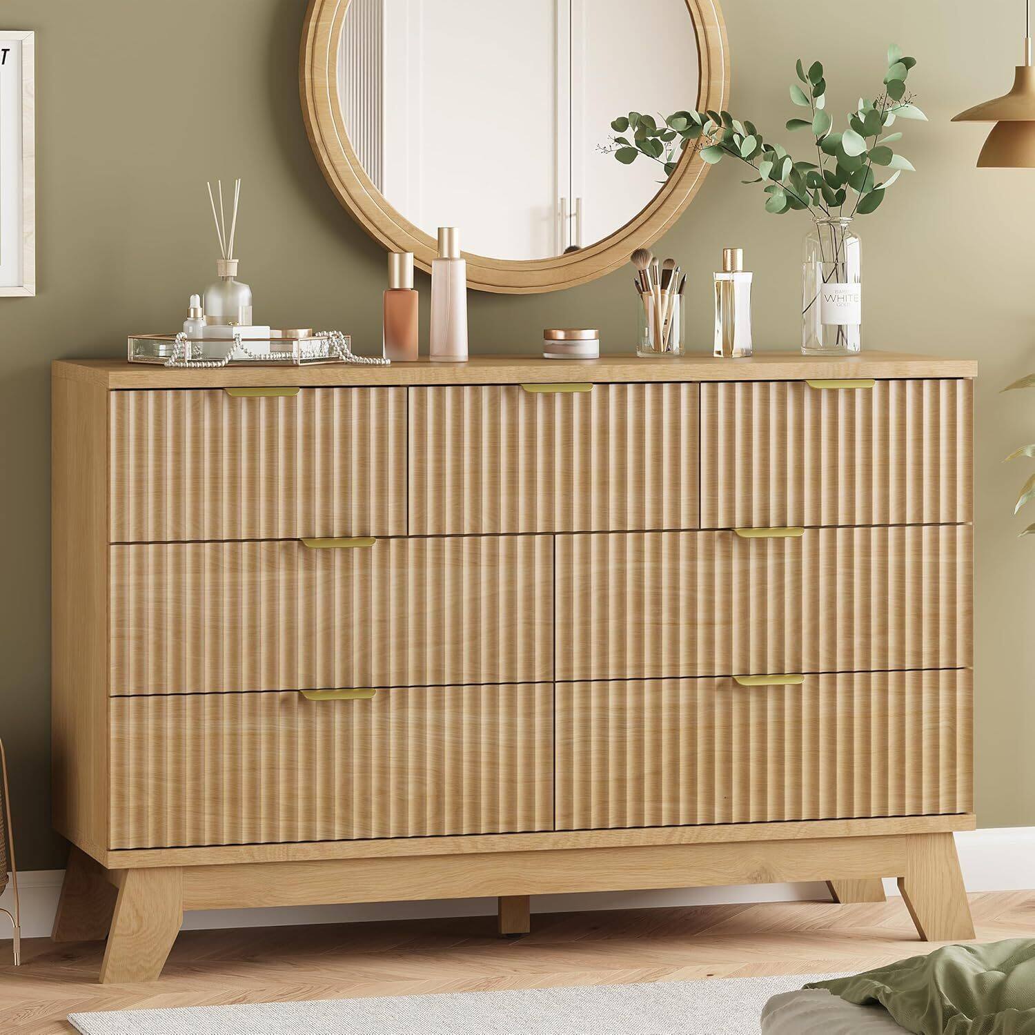 Front. GARVEE - Fluted Dresser for Bedroom with 7 Drawers, 48" Wide Modern Chest of Drawers, Wooden Dresser TV Stand, Natural Oak - Natural.