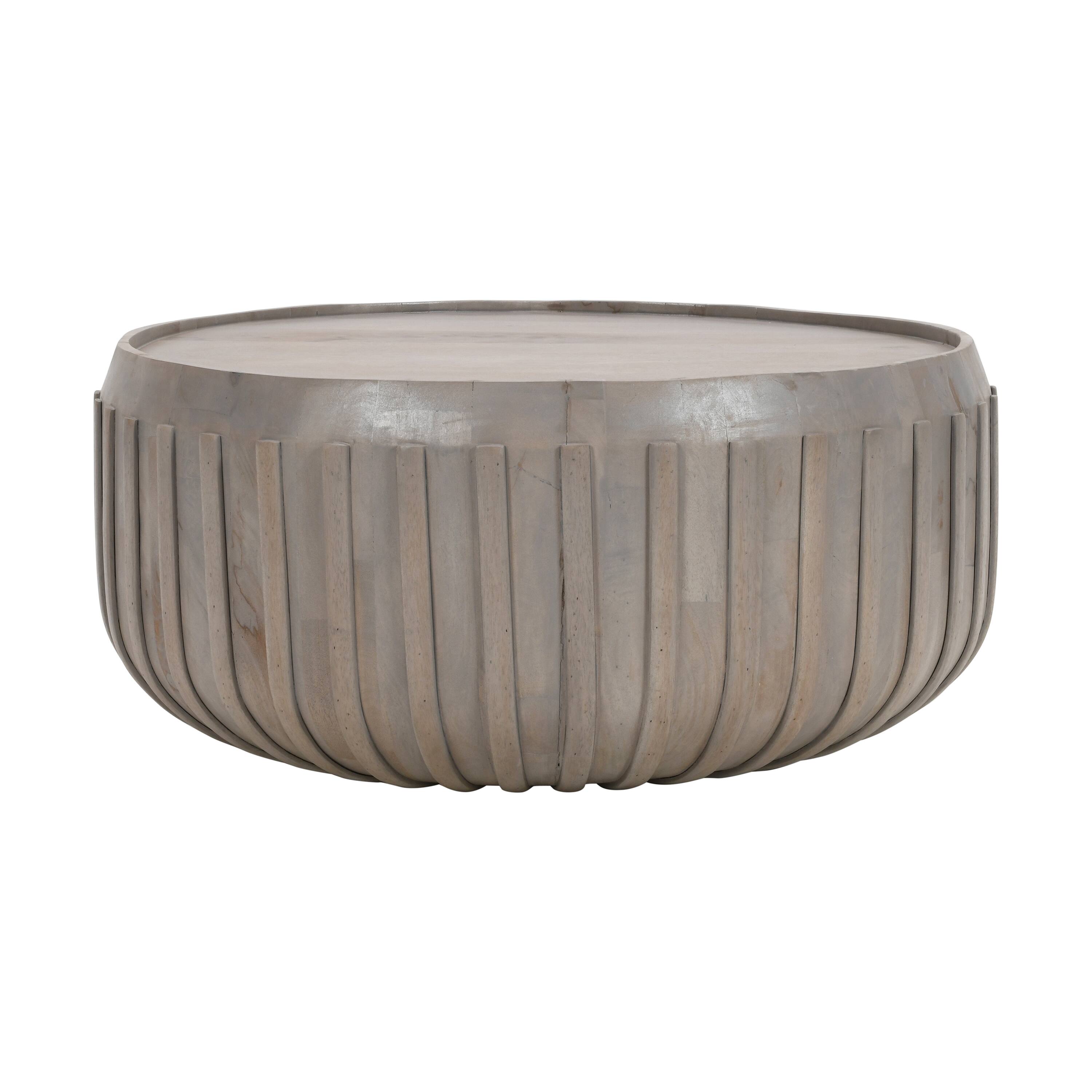 Alt View 1. Manhattan Lane - Alisha 36 Inch Coffee Table, Handcrafted Drum Shape with Ribbed Edges, Mango Wood - Gray.