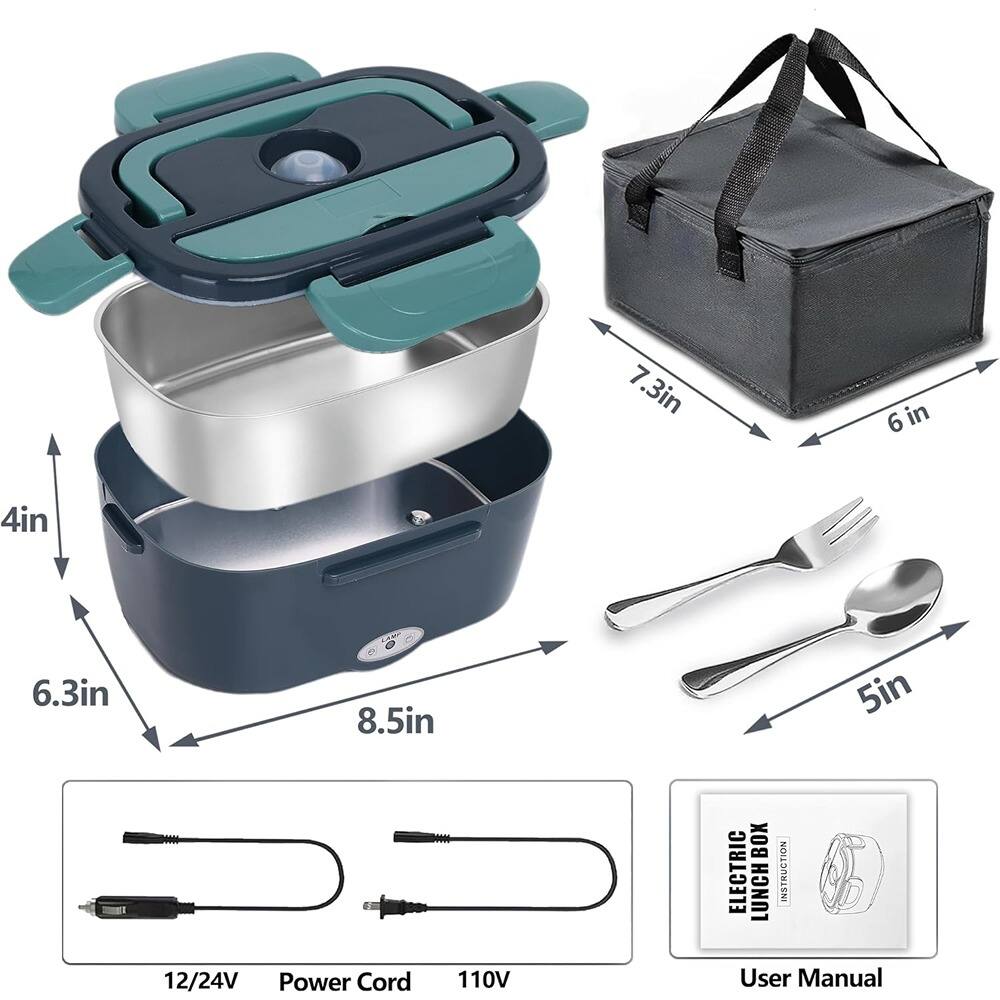 Sure, here is the corrected and grouped text from the image:

---

**Dimensions:**
- 7.3 in
- 6 in
- 4 in
- 6.3 in
- 8.5 in
- 5 in

**Components:**
- 12/24V Power Cord
- 110V Power Cord
- User Manual

**Product:**
- ELECTRIC LUNCH BOX

---

This groups the dimensions, components, and product information as shown in the image.