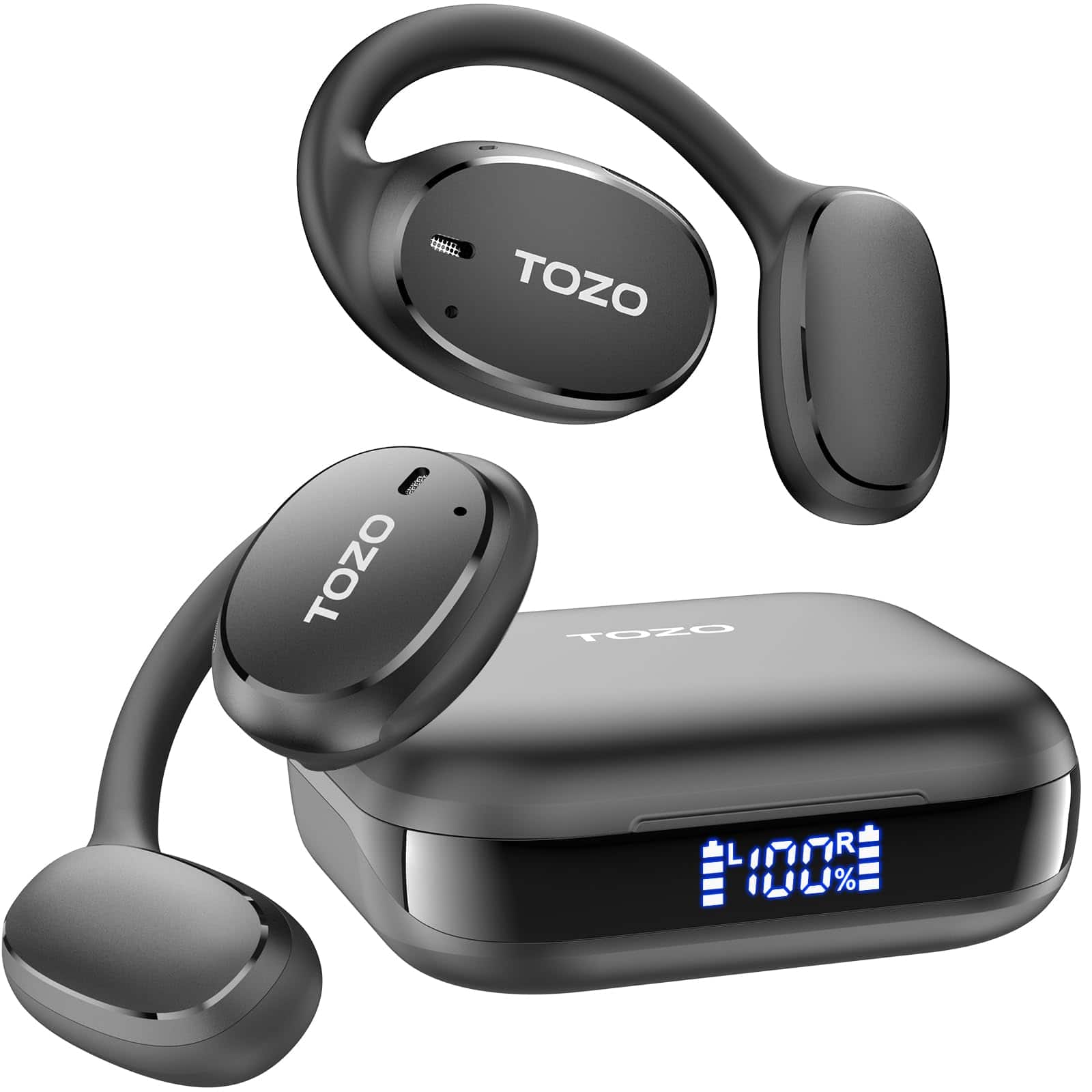 TOZO - OpenEgo Open Ear Earbuds, 80Hrs Playtime, Earhooks, Digital Display, 32 EQ, Clear Call, Sweat-Proof - Black