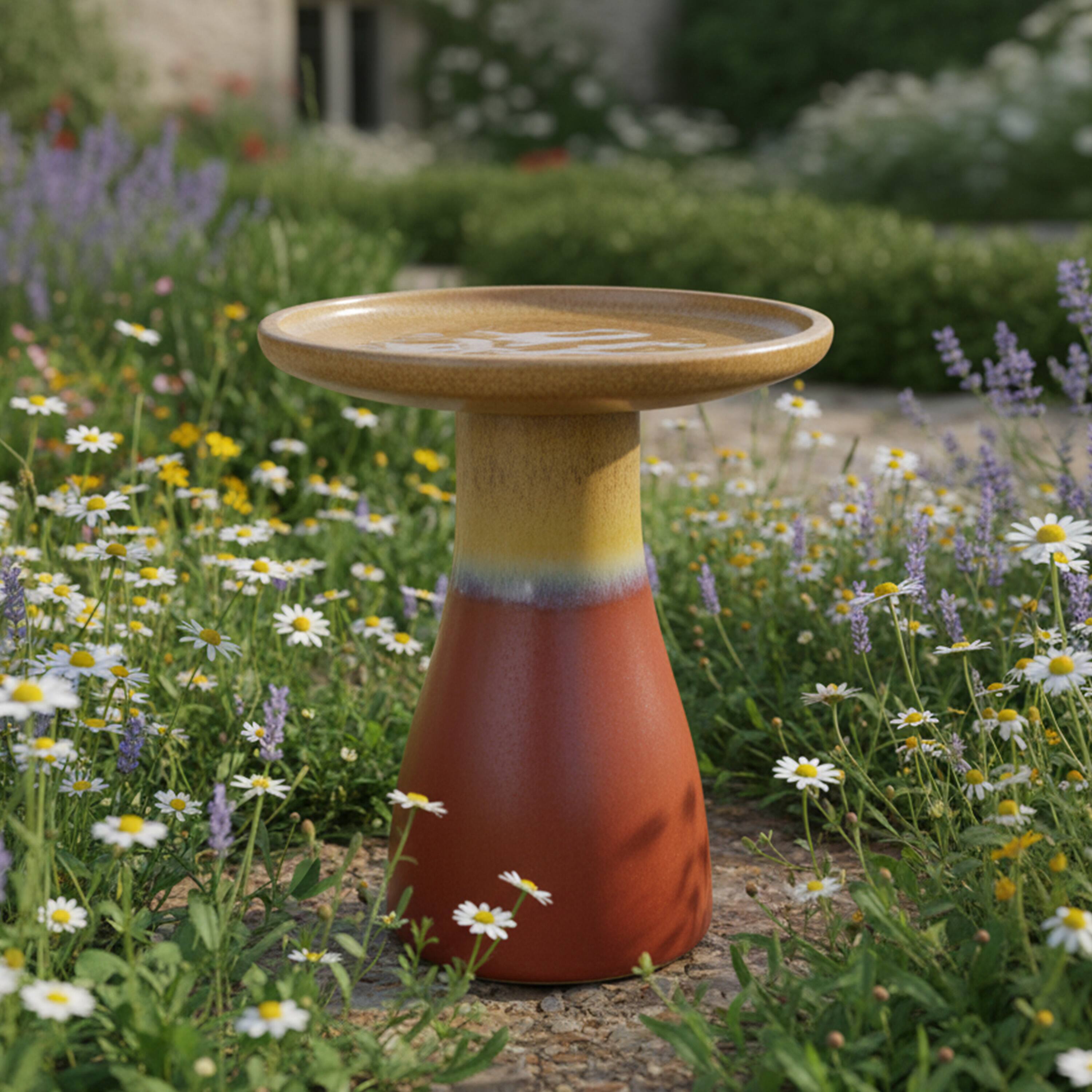 Alt View 6. Sunnydaze - Duo-Tone Glazed Ceramic Bird Bath - 20.5 in - Lemon Cognac.
