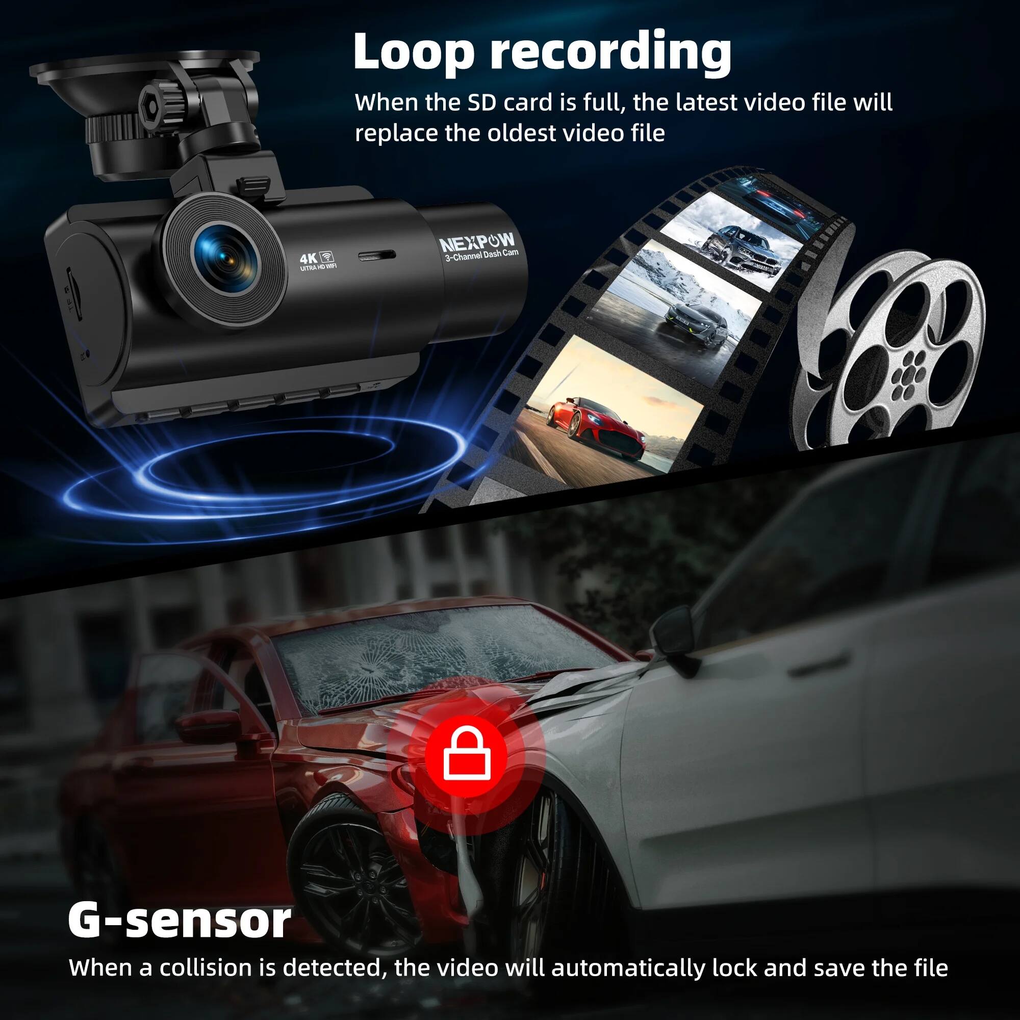 Loop recording  
When the SD card is full, the latest video file will replace the oldest video file  

G-sensor  
When a collision is detected, the video will automatically lock and save the file