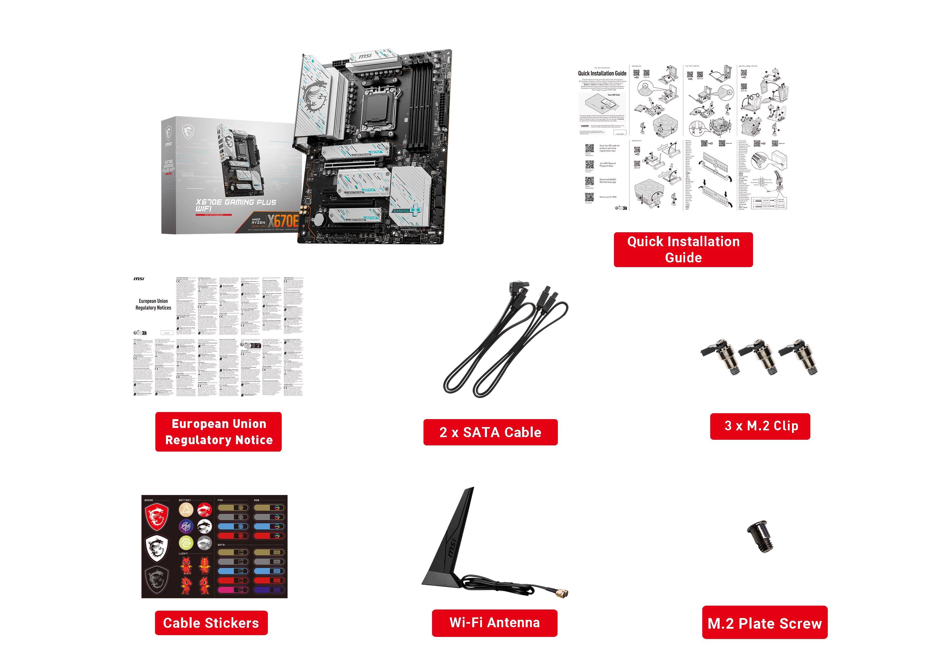 The image shows a computer component box with a diagram of the parts and their corresponding labels. The labels include "Quick Installation Guide," "European Union Regulatory Notice," "Cable Stickers," "Wi-Fi Antenna," "M.2 Plate Screw," and "ISW Cable." The box also contains a diagram of the computer components, which can be used for reference during assembly.