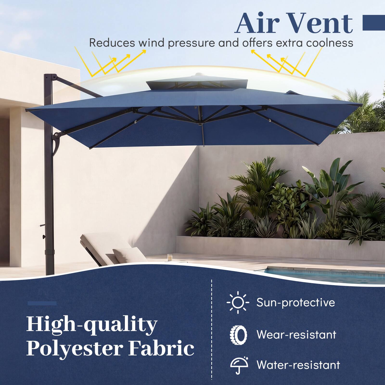 Air Vent  
Reduces wind pressure and offers extra coolness  

High-quality Polyester Fabric  
Sun-protective  
Wear-resistant  
Water-resistant