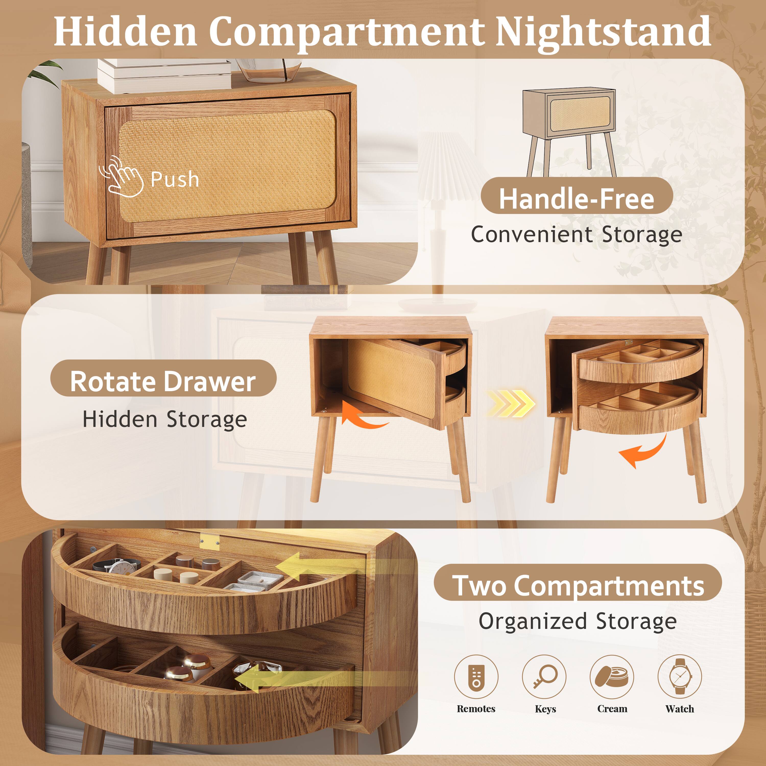 Hidden Compartment Nightstand  
Push Handle-Free Convenient Storage  
Rotate Drawer Hidden Storage  
Two Compartments Organized Storage  
Remotes Keys Cream Watch