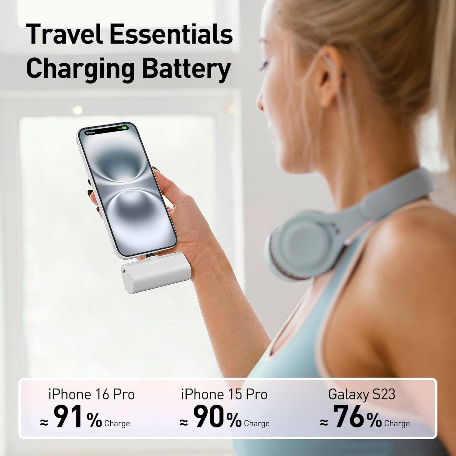 Travel Essentials Charging Battery

iPhone 16 Pro 91% Charge

iPhone 15 Pro 90% Charge

Galaxy S23 76% Charge
