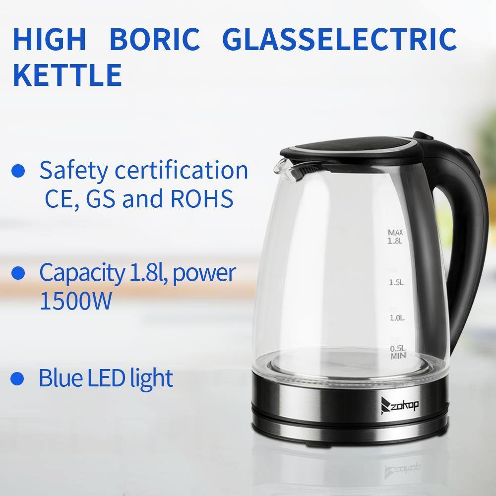 HIGH BORIC GLASSELECTRIC KETTLE

- Safety certification CE, GS and ROHS
- Capacity 1.8L, power 1500W
- Blue LED light