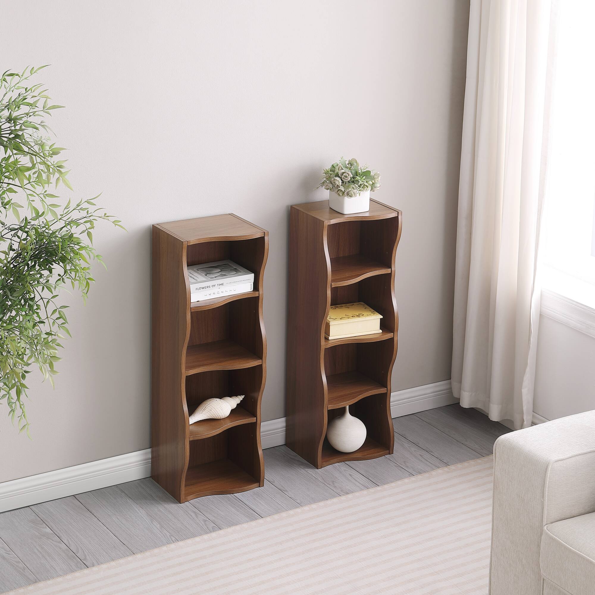 Alt View 2. GOODSILO - Ultra-Thin Adjustable Shelf Bookcase with Wavy Border Design for Home and Office Storage Solutions - Walnut.