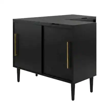 Front. FurniFact - Black Large Record Player Cabinet - Matte Black.