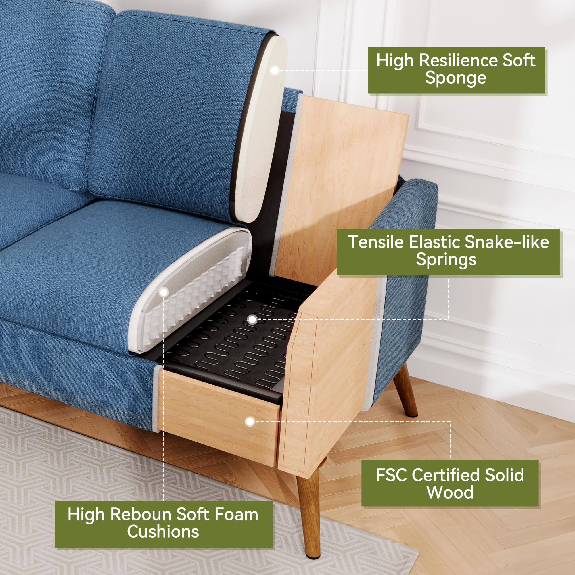 High Resilience Soft Sponge  
Tensile Elastic Snake-like Springs  
High Rebound Soft Foam Cushions  
FSC Certified Solid Wood