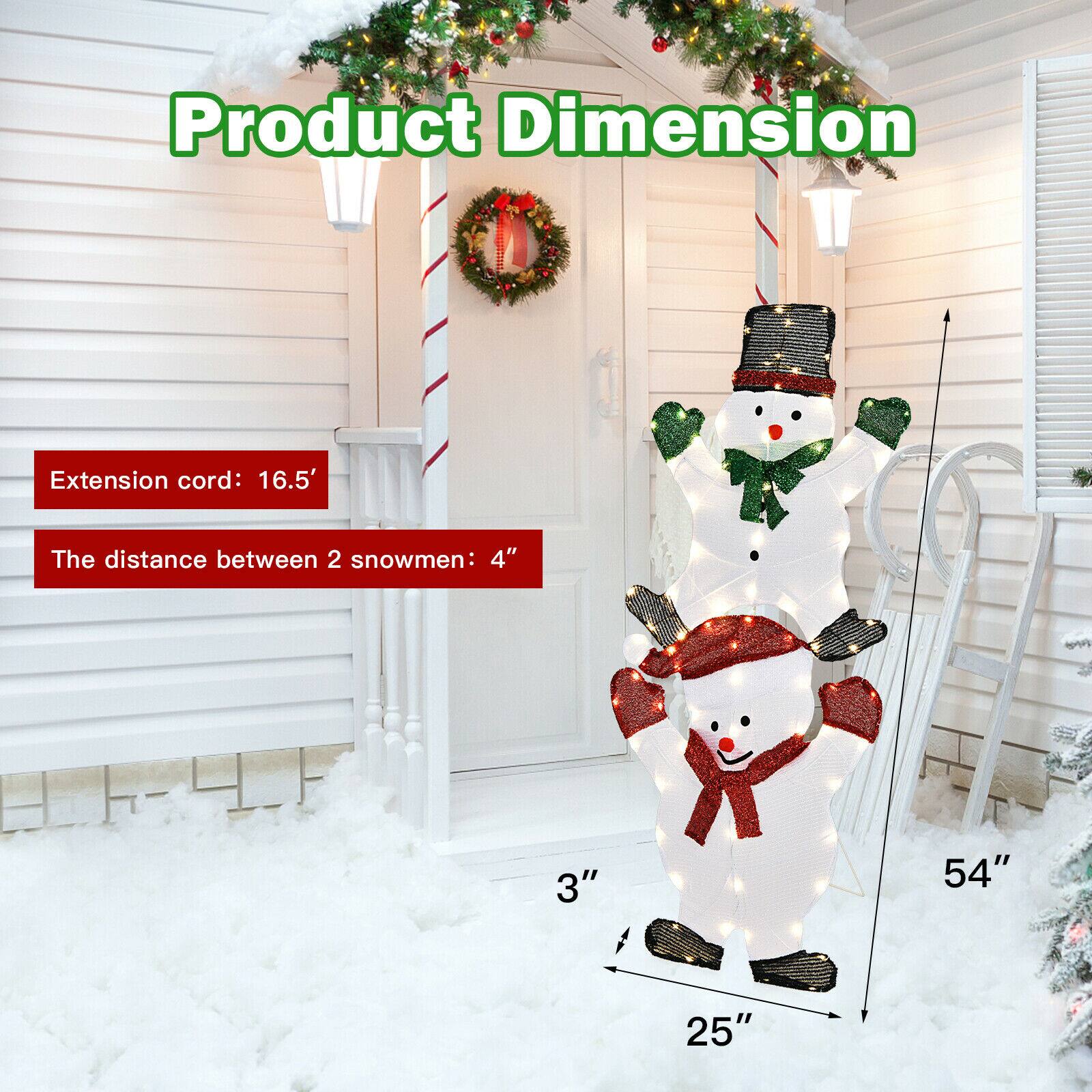 Product Dimension:

* Extension cord: 16.5'
* The distance between 2 snowmen: 4"
* The distance between 2 snowmen: 3"
* The distance between 2 snowmen: 54"
* The distance between 2 snowmen: 25"